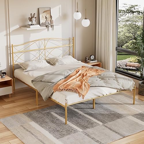 Miniatura 40 de VECELO Base de cama de plataforma metálica de tamaño matrimonial con cabecera y estribo, base de colchón de soporte de listones resistentes, no