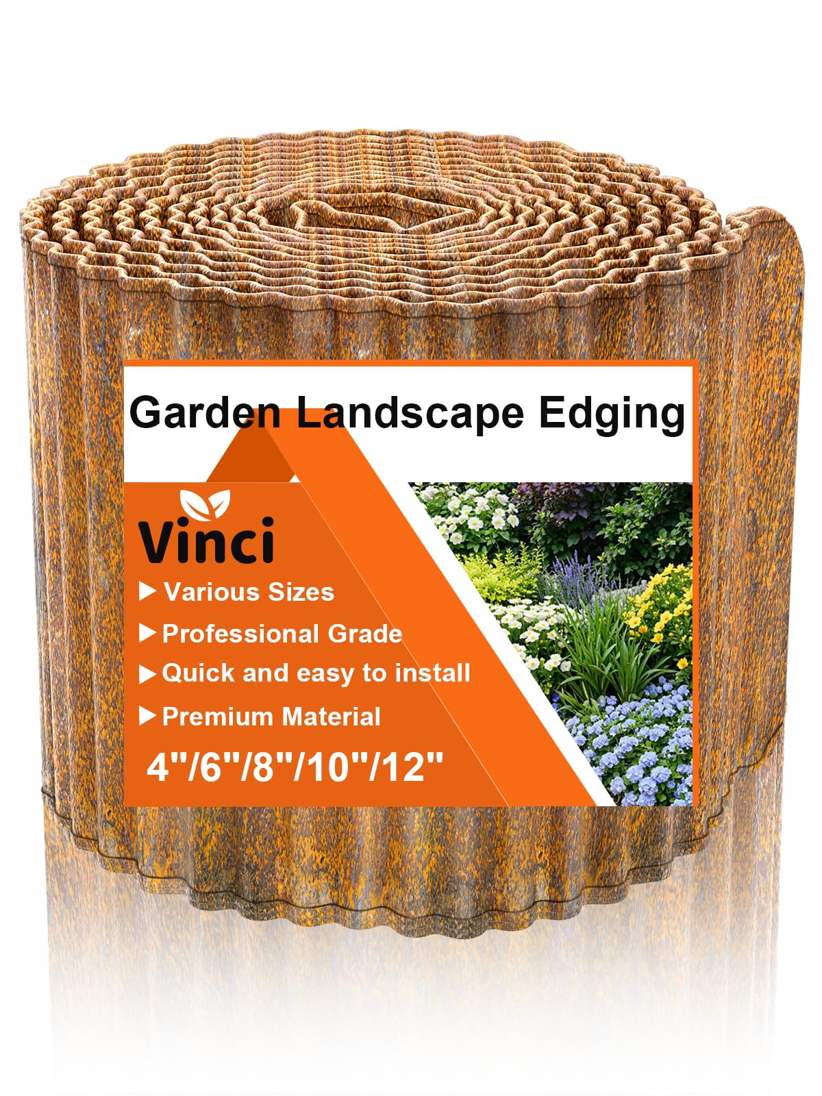 VinciVinci Garden Landscape Edging Border, 8 Inch x 10 FT Corrugated Sturdy Metal Easy Installation Safe Hemmed Lawn Garden Border Edges for DIY Flower Beds,Pathways and Patio Design (Rusted)