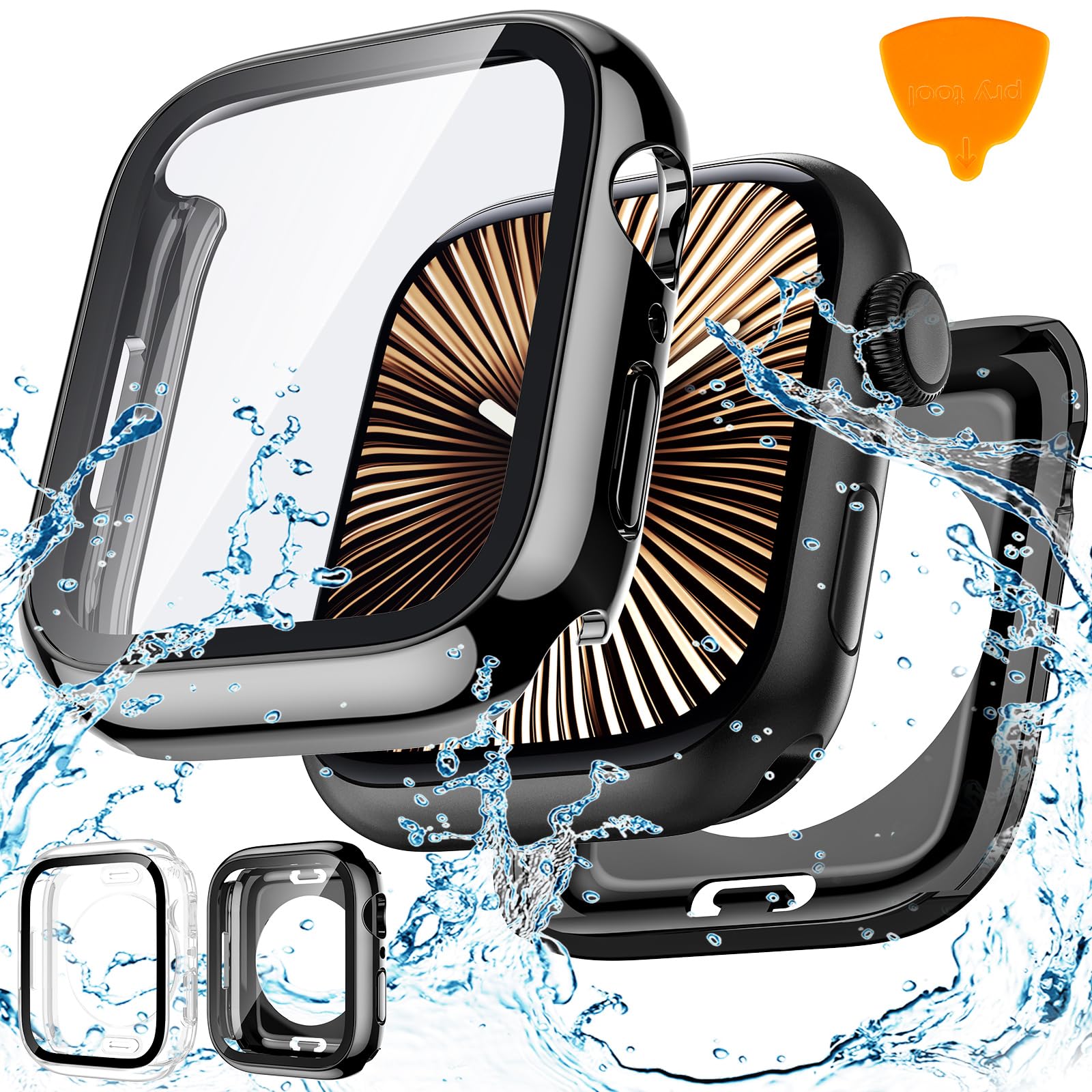 Goton 2 Pack Waterproof Case for Apple Watch Series 10 Screen Protector 46mm, Tempered Glass Hard PC Shockproof Cover Back Bumper for iWatch 10 (2024)