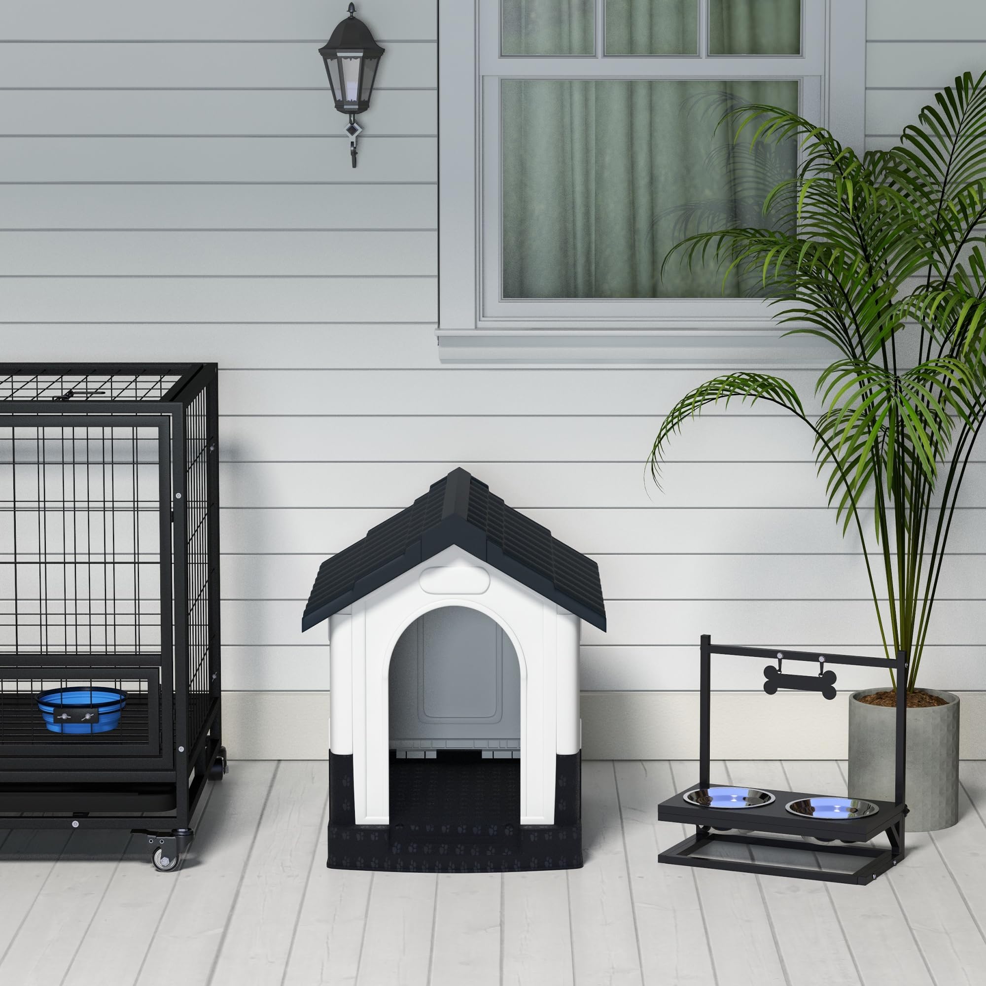 PawHut Caseta para Perros Mini para Exterior, Casa para Perros de Plástico con 3 Ventanas, Base Elevada, Techo de Tejas de Imitación, 64,5x57x66 cm, Gris Oscuro