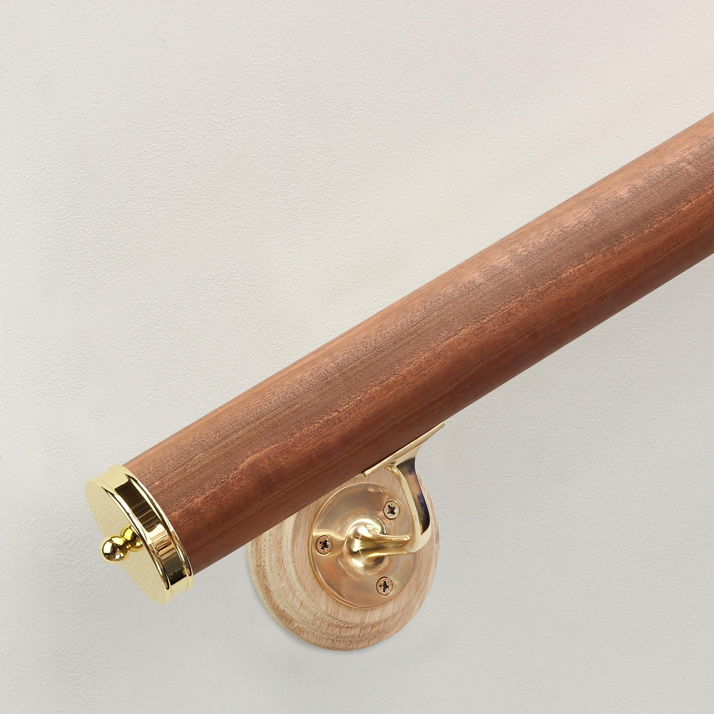 Jackson Woodturners Dark Hardwood & Brass Dark Hardwood Mopstick Handrail Kit With Brass Wall Brackets & Slim End Caps – Wooden Stair Handrail Set For Staircase, Hallway & Landing – 1800Mm, 2400Mm, 3600Mm, 4200Mm (3600Mm + 4 Wall Brackets)