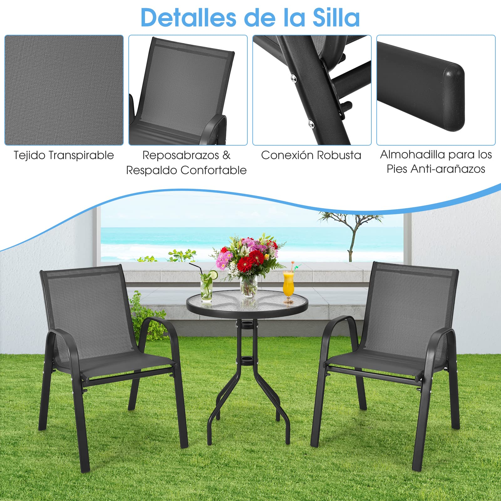 COSTWAY Juego de Muebles Bistró de 3 Piezas, 2 Sillas Textilene y 1 Mesa de Cristal Templado, Set de Conversación para Patio con Tela Transpirable Jardín, Balcón, Terraza, Patio (Negro)