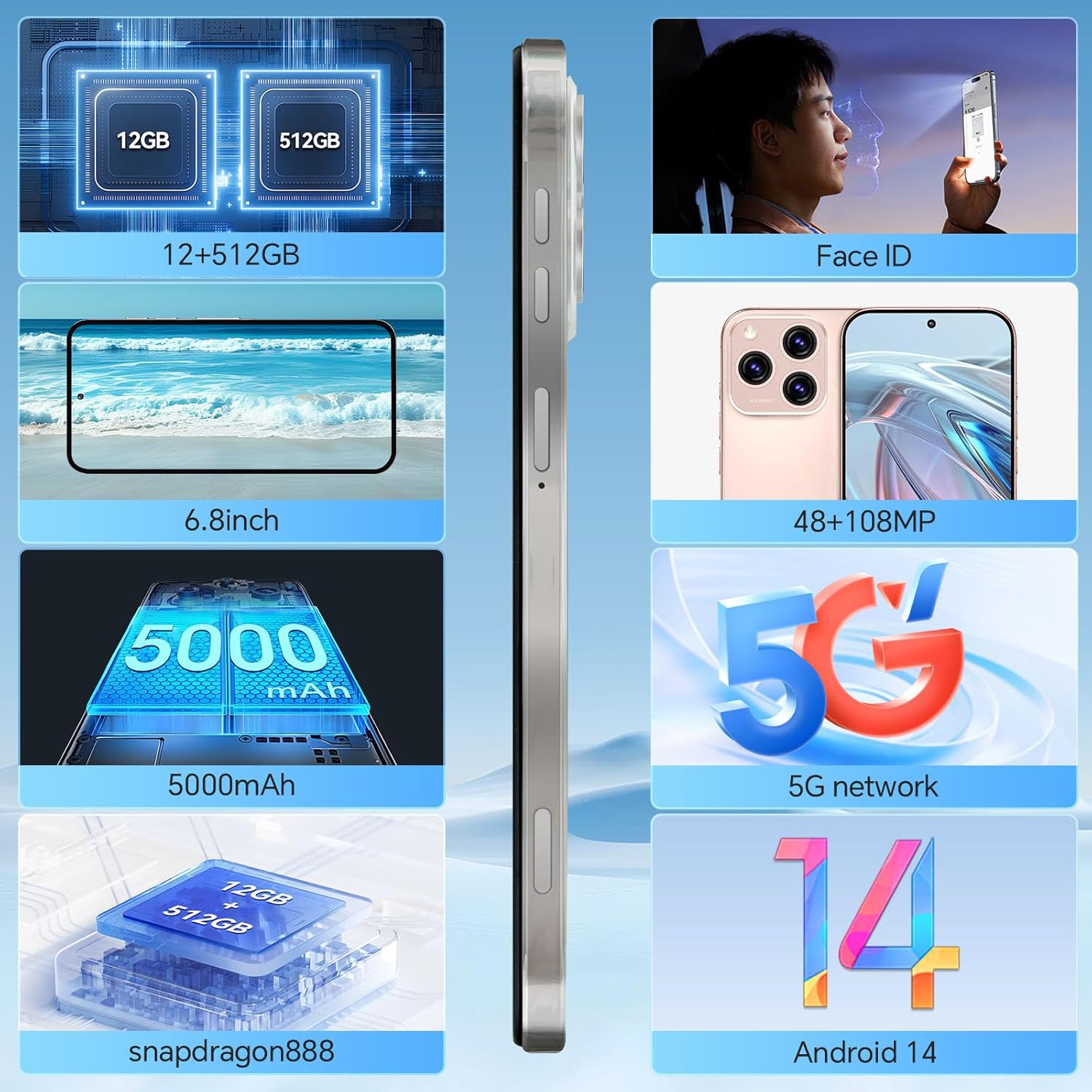 Unlocked Cell Telephones Q16PROMAX, 5G Twin SIM Twin Standby Android 14 Smartphone, 12+512GB Android Cellphone, 6.8 inch HD Display, 5000mAh Battery, 108MP+48MP Digital camera, Assist Face ID/WiFi/Bluetooth/GPS Unlocked Cell Telephones Q16PROMAX, 5G Twin SIM Twin Standby Android 14 Smartphone, 12+512GB Android Cellphone, 6.8 inch HD Display, 5000mAh Battery, 108MP+48MP Digital camera, Assist Face ID/WiFi/Bluetooth/GPS