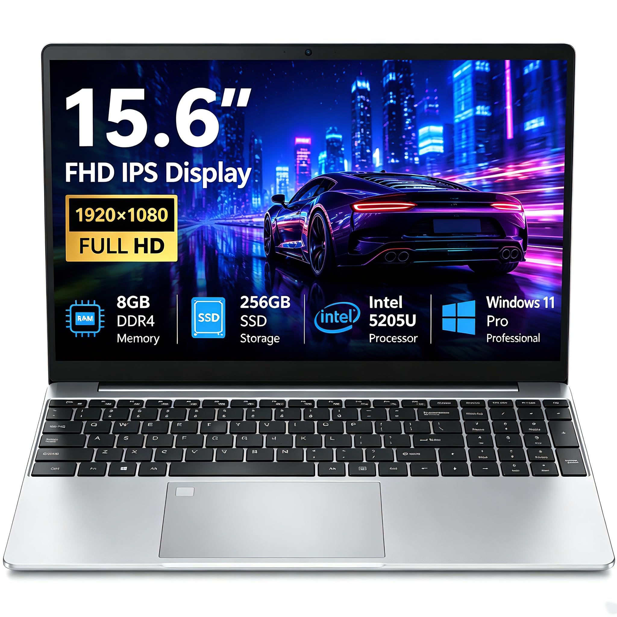 Celeron 5205U - Computer portatile FHD IPS da 15,6", RAM DDR4 da 8 GB, SSD da 256 GB, tastiera retroilluminata, Win 11, con impronte digitali Wi-Fi dual-band, notebook leggero e sottile per studenti