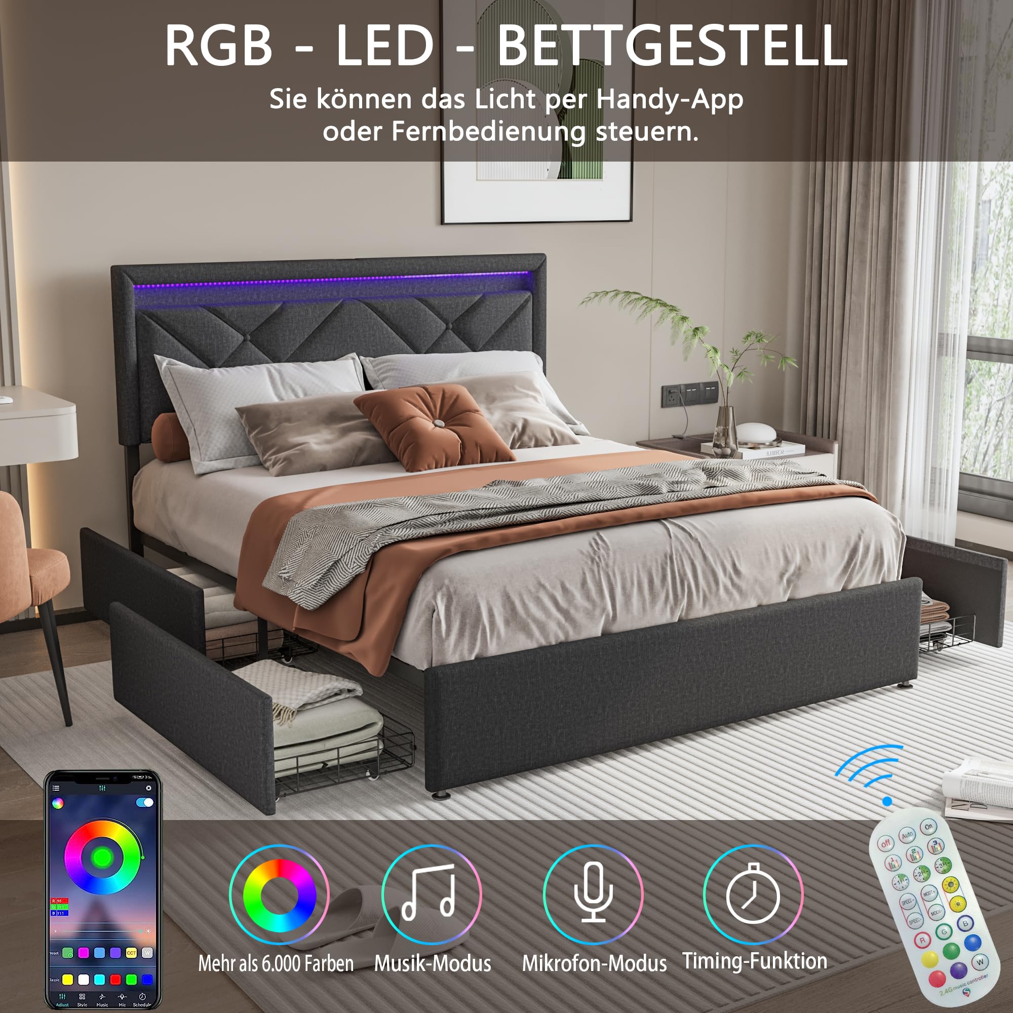 DADEA Letto Matrimoniale 160x200 Cm Con Contenitore E 4 Cassetti, Testiera Con Ripiano E Porta USB - 2