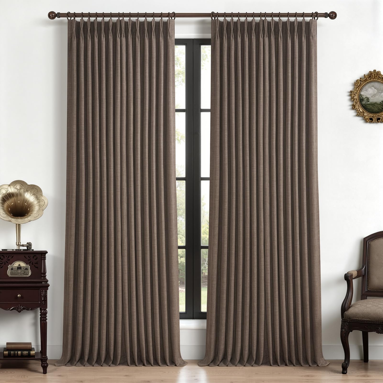 Photo 1 of Dark Brown Pleated Double Layer Thick Linen Curtains 96 Inches Long for Bedroom, Memory Trained Pinch Pleat Blackout Thermal Noise Blocking Rustic Windows Curtain & Drapes 2 Panels Set 8 FT Length