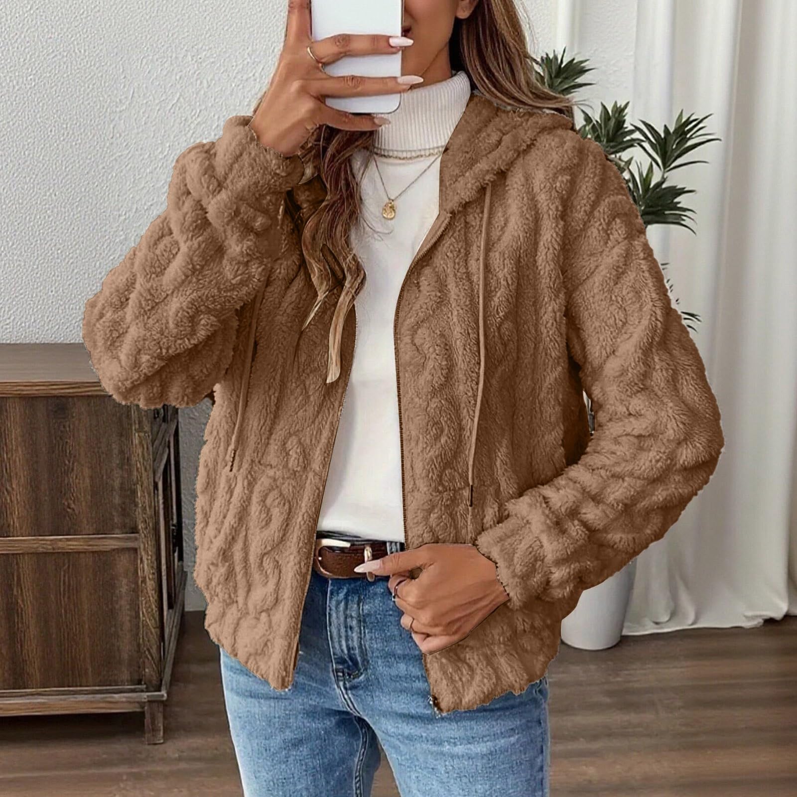 Giacca reversibile in pile con cappuccio e cerniera frontale per l'inverno, calda e morbida, comoda giacca con cerniera completa
