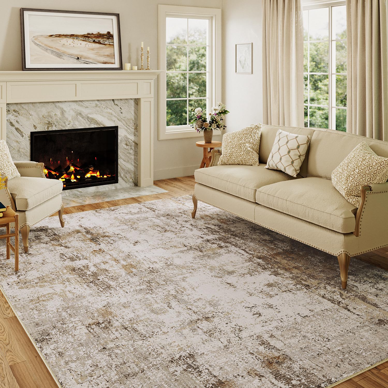 Waschbare Teppiche Gegend Teppich 150 x 210cm Braun Grau Modern Abstrakt Wohnzimmer Schlafzimmer Teppisch Groß rutschfest Kurzflor Weich Rugs for Living Room Carpet for Esszimmer Büro