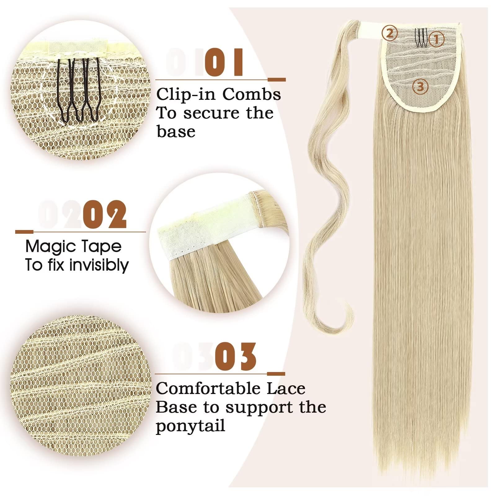 TESS Clip in Ponytail Extension Blonde 23",Hair Extensions Ponytail Synthetic Wrap Around Long Straight Fake Pony Tails Hair Pieces for Women(#24/613) - Image 3