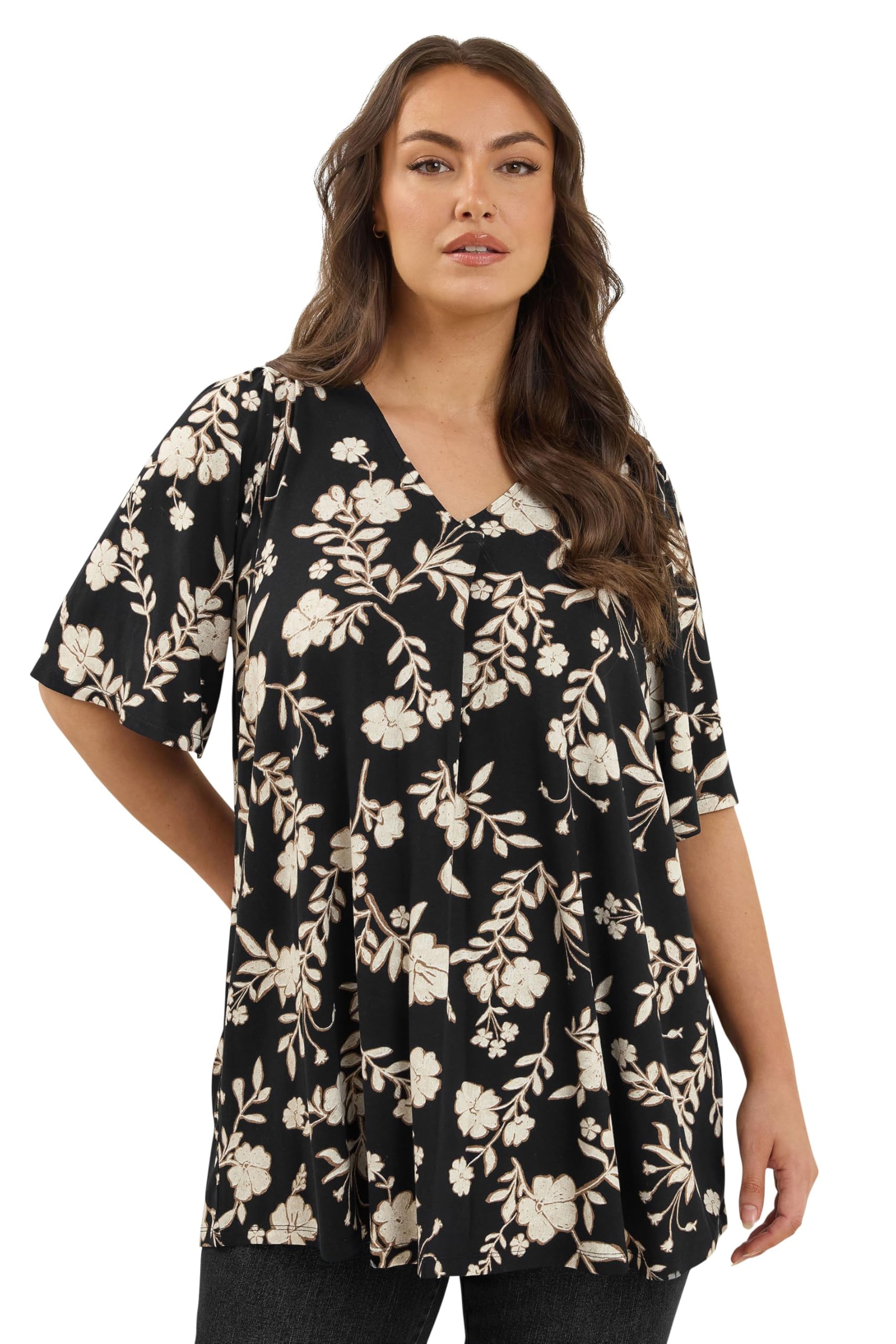 EVANS Curve Floral Pleat Swing Top - Women's - Plus Size Curve Black