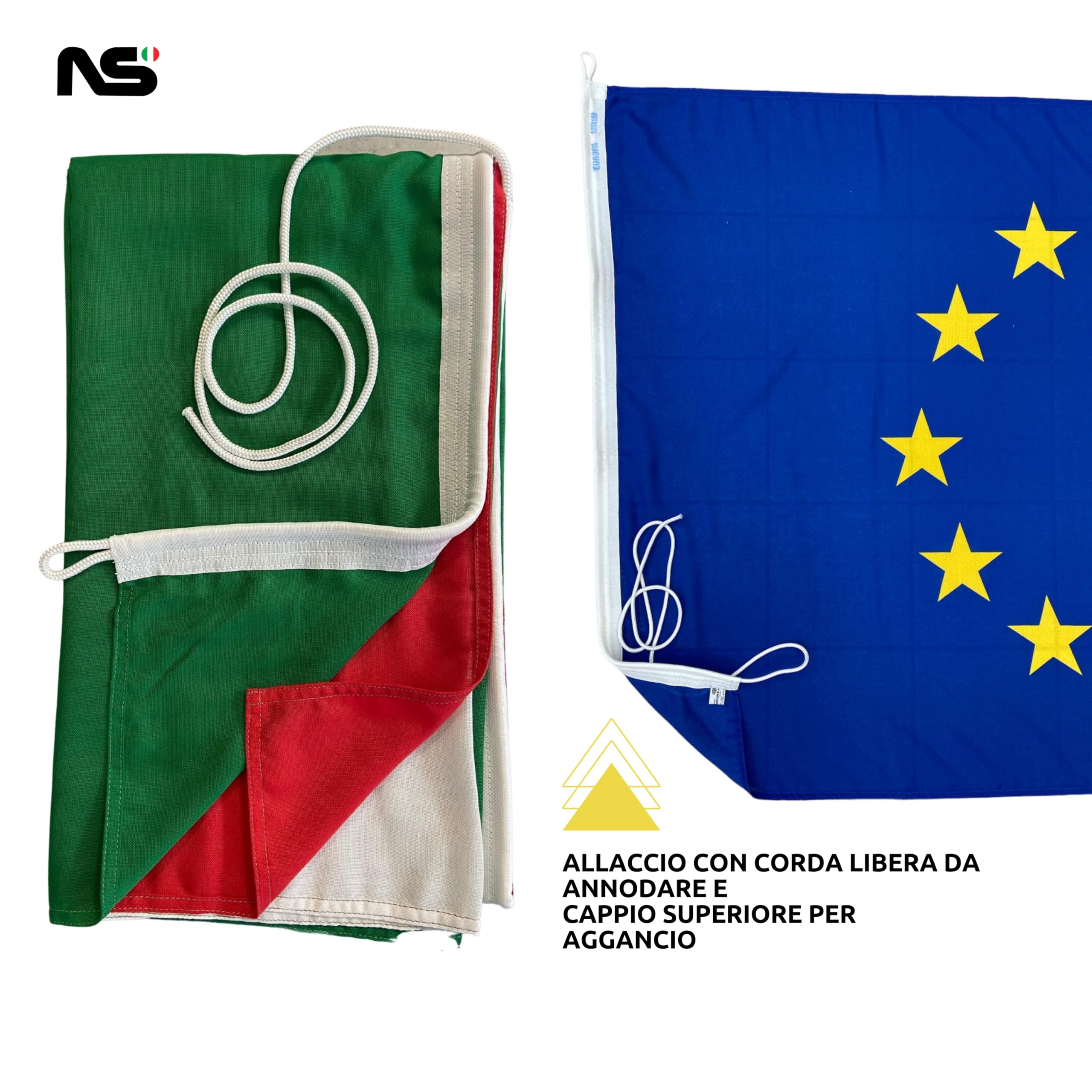 NS Bandiere | Set 2 Bandiere Italia-Europa cm 150x225 in Tessuto Poliestere Nautico 130gr con Corda