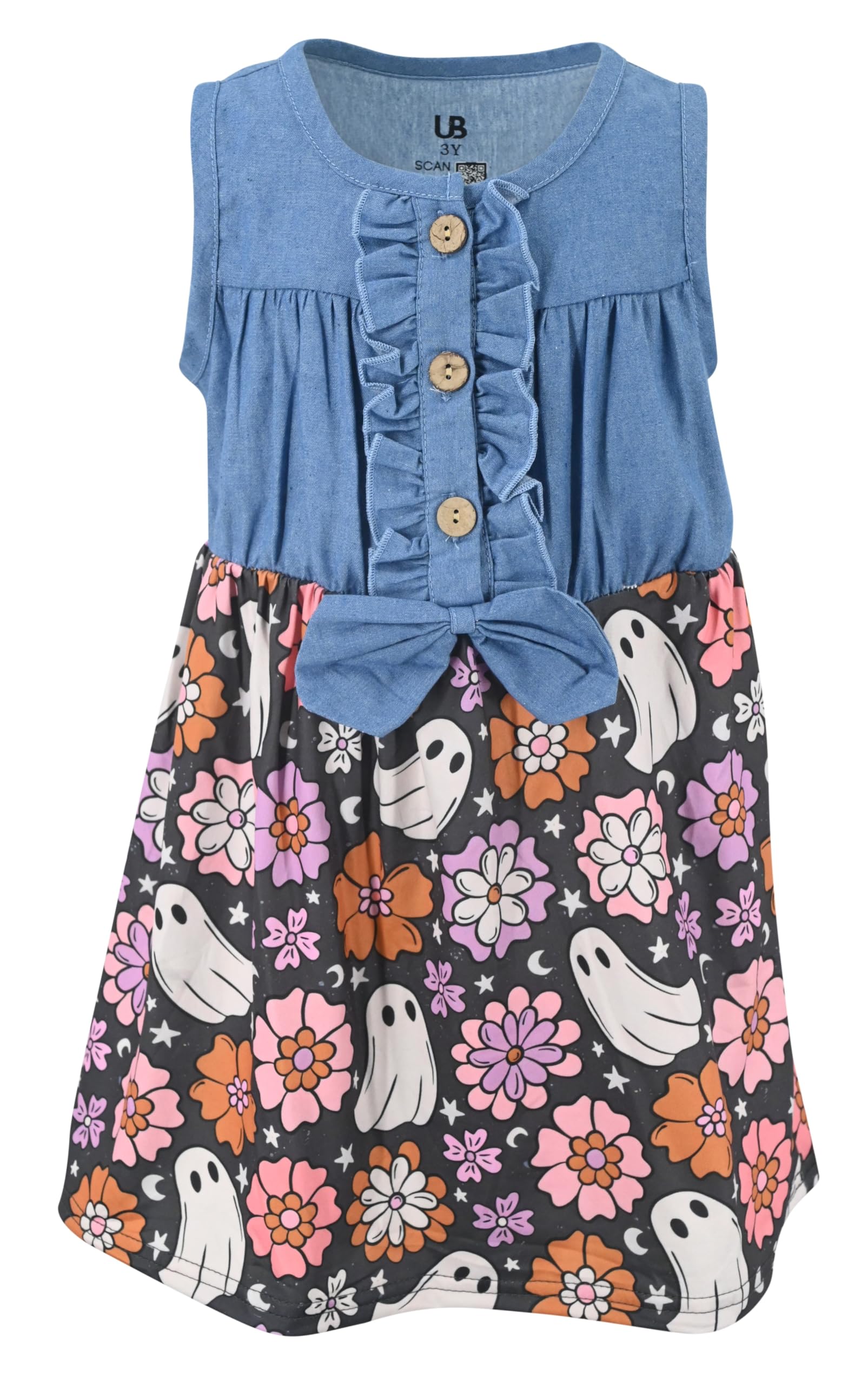 Unique Baby Girls Sleeveless Denim Dress with Knot Tie and Fun Print for Toddler and Big Kids