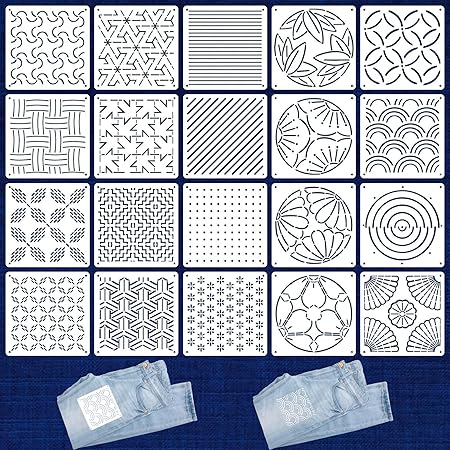 20 Pcs Sashiko Stencils 5.1 x 5.1 Inch Plastic Sashiko Template Pattern Geometric Embroidery Stabilizers Drawing Line Template for Hand Quilting Sewing