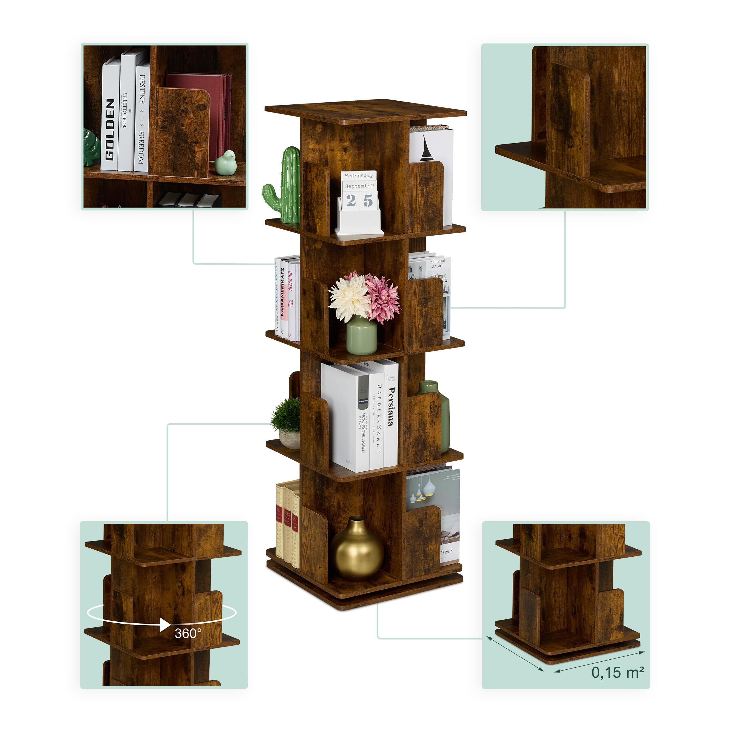 Relaxdays Libreria Girevole, 4 Ripiani 125,5x39x39 cm, Scaffale Industriale Porta Libri, CD, Dvd, Torre Rotante, Marrone