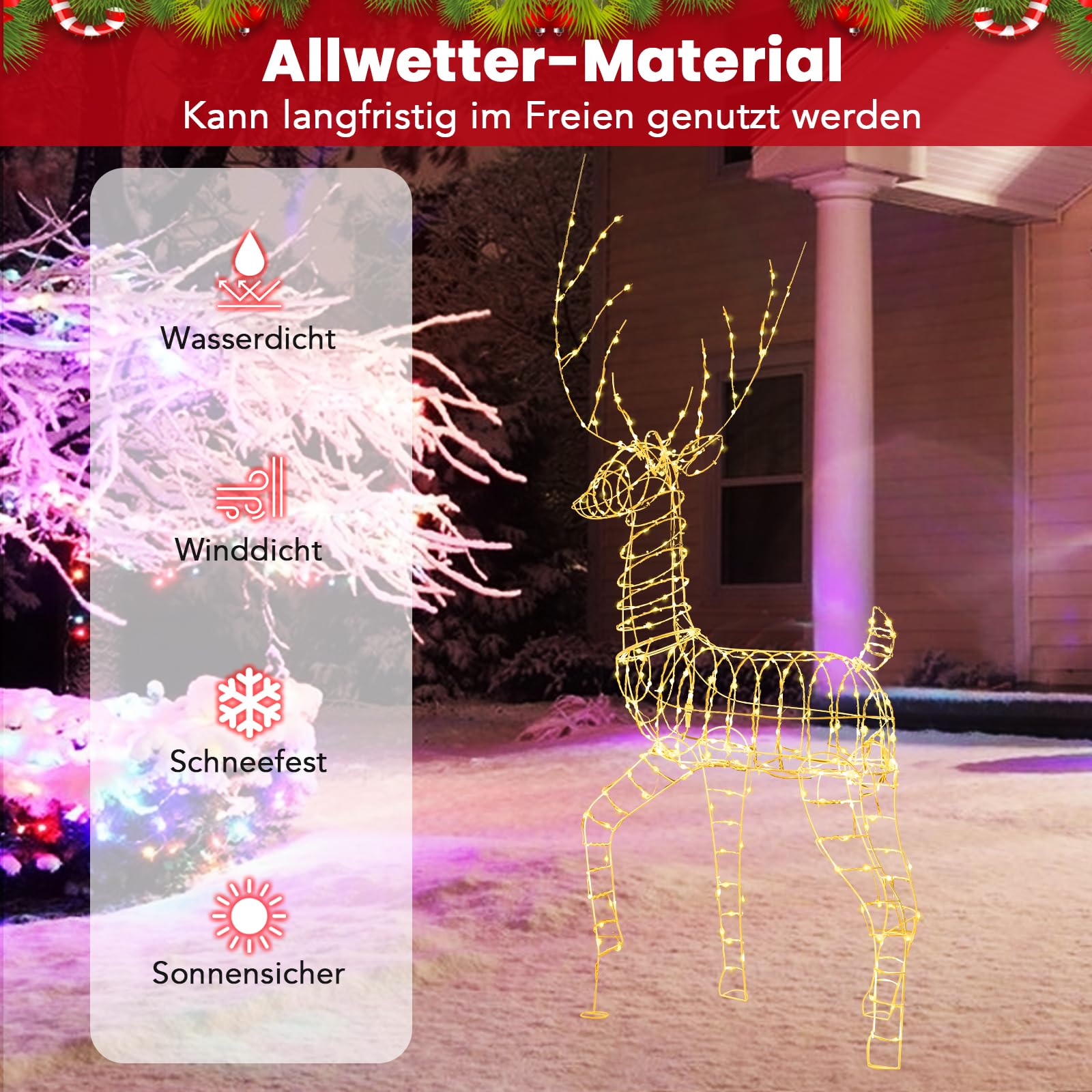 GOPLUS 186cm LED Rentier Weihnachtsdeko, beleuchteter Weihnachtshirsch Metall Gold, Weihnachtsdekoration Rentier mit 300 warmweißen Lichtern, Weihnachtsbeleuchtung Rentier für Außen Innen Dekoration