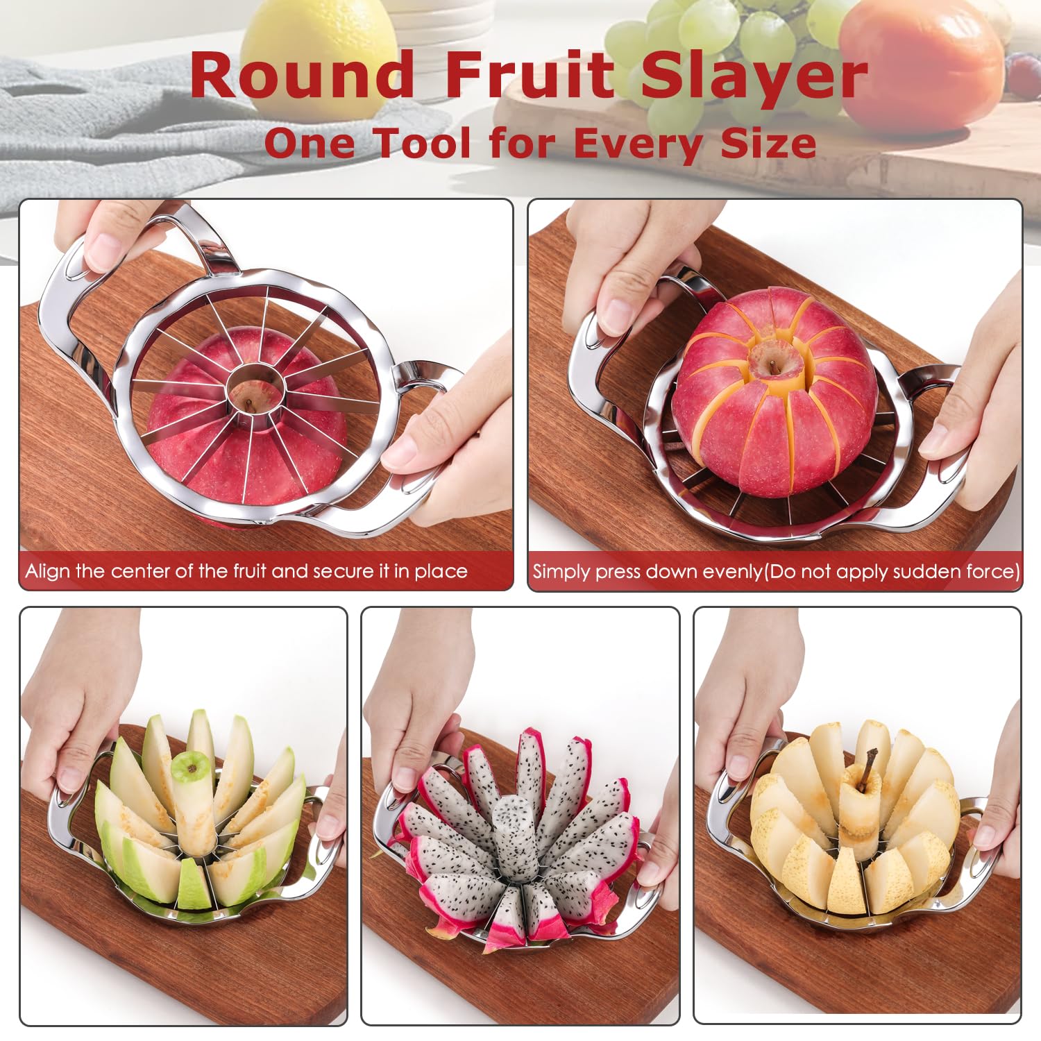 Cortador de manzanas grande de acero inoxidable de 12 rebanadas para cortar y dividir frutas con 3 tenedores de frutas y un cepillo de limpieza