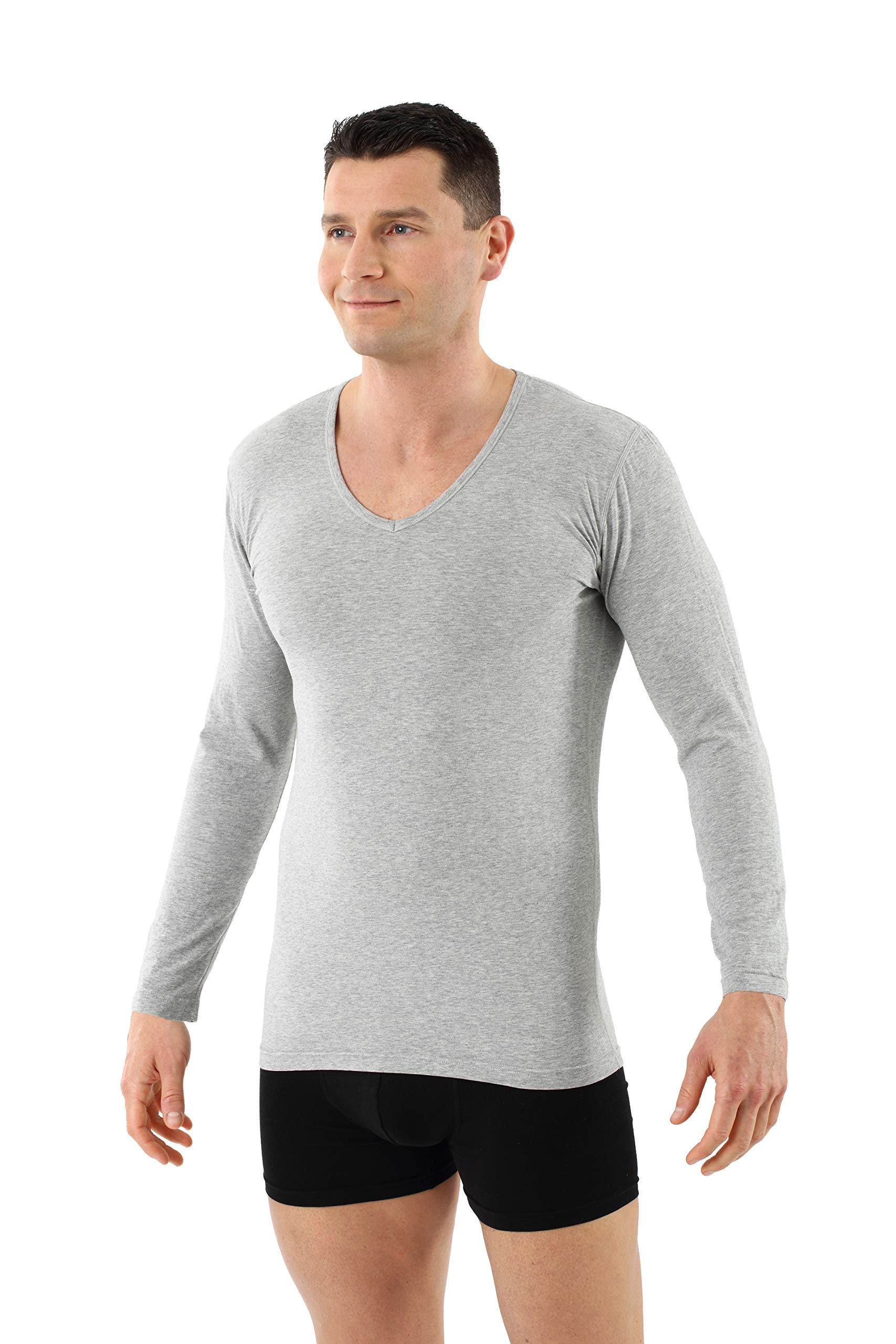 ALBERT KREUZ Men's Longsleeve Undershirt Organic Stretch Cotton v-Neck Gray S