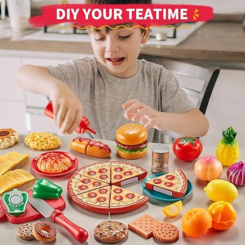 Miniatura 4 de Juegos de comida de juego para niños de cocina, 80 piezas de comida de simulación con 2 cestas de picnic para niños, comida de juguete con juguete