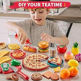 Comirth Play Food Sets for Kids Kitchen-80PC Pretend Food with 2 Kids Picnic Basket, Toy Food with Pizza Toy, Plastic Food Cutting Toys, Play Kitchen Accessories - Fake Food, Boys Girls Toddlers Gifts