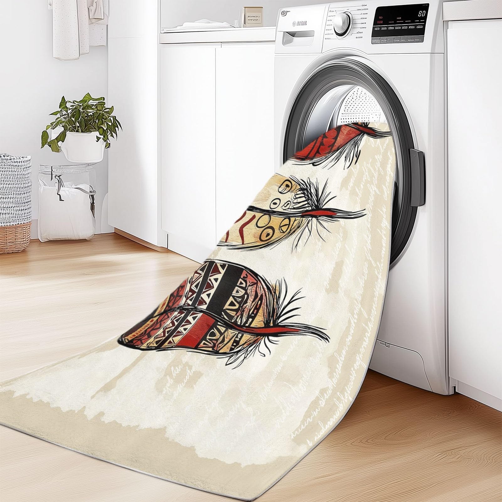 Alfombra Lavable Azteca para Sala de Estar, 200 x 300 cm, Estilo Nativo Americano, Estilo Retro de Plumas, Antideslizante, para Dormitorio, Comedor, de Pelo Corto, para Entrada, Cocina, Fina