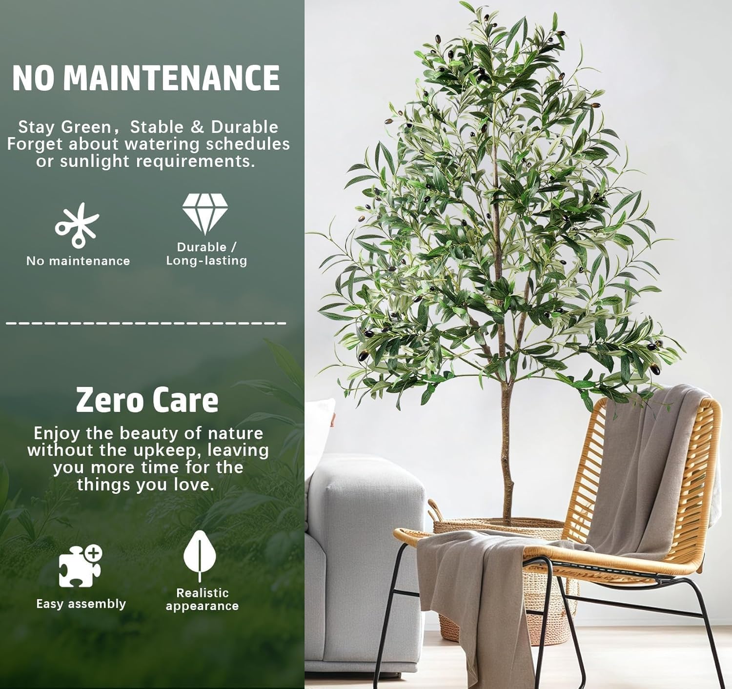 Olive Trees Artificial Indoor, 6FT Faux Olive Tree with Black Planter, Tall Fake Tree with Artificial Moss Natural Trunk Realistic Fruits for Home Office Decor Indoor - Image 8