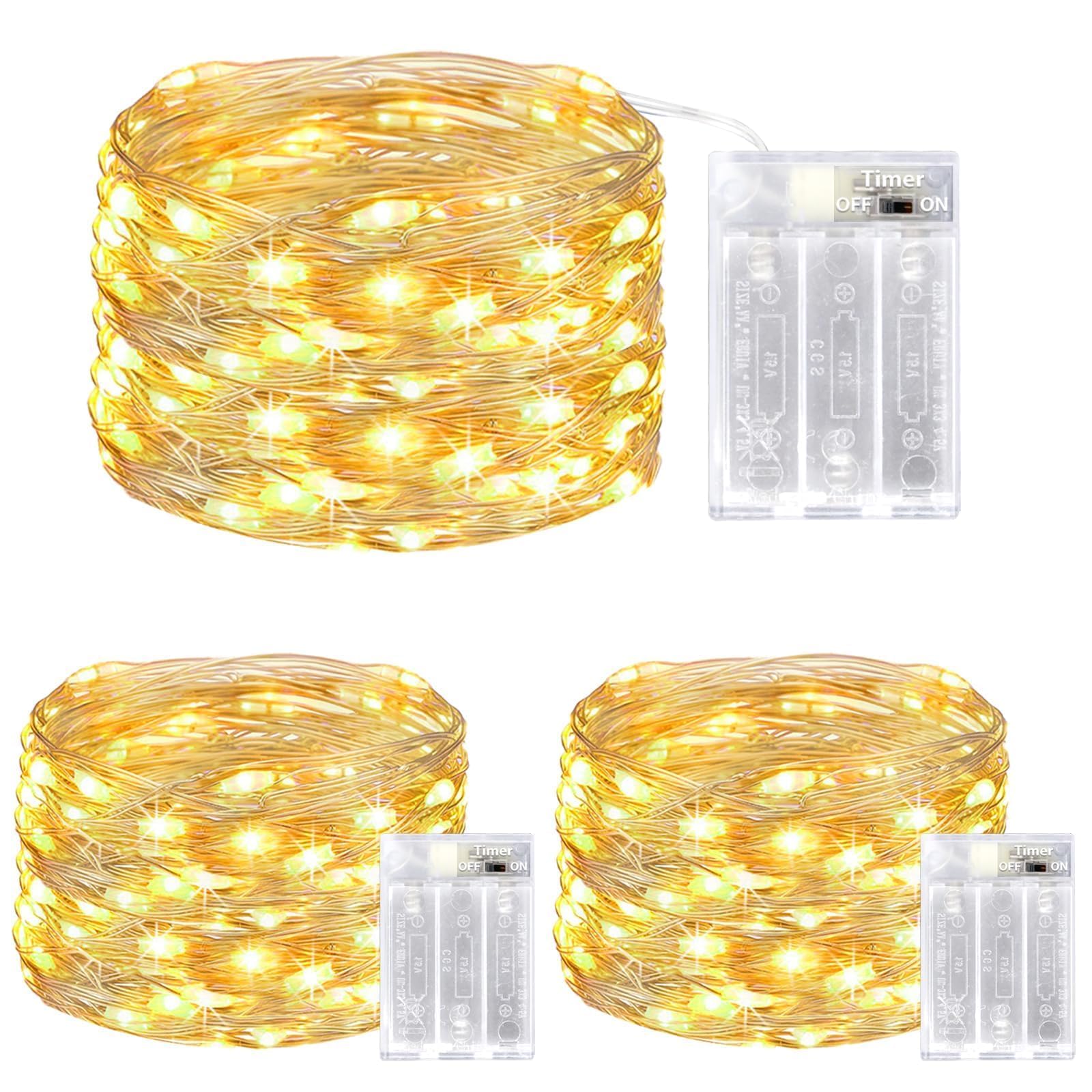 litogo 3 Piezas Guirnalda Luces Pilas, Luces LED Pilas con Temporizador, 5m 50 LED Luces Habitacion Impermeable luces de Hadas para Decoración Exterior Interior Bodas Fiesta de Navidad,Blanco Cálido