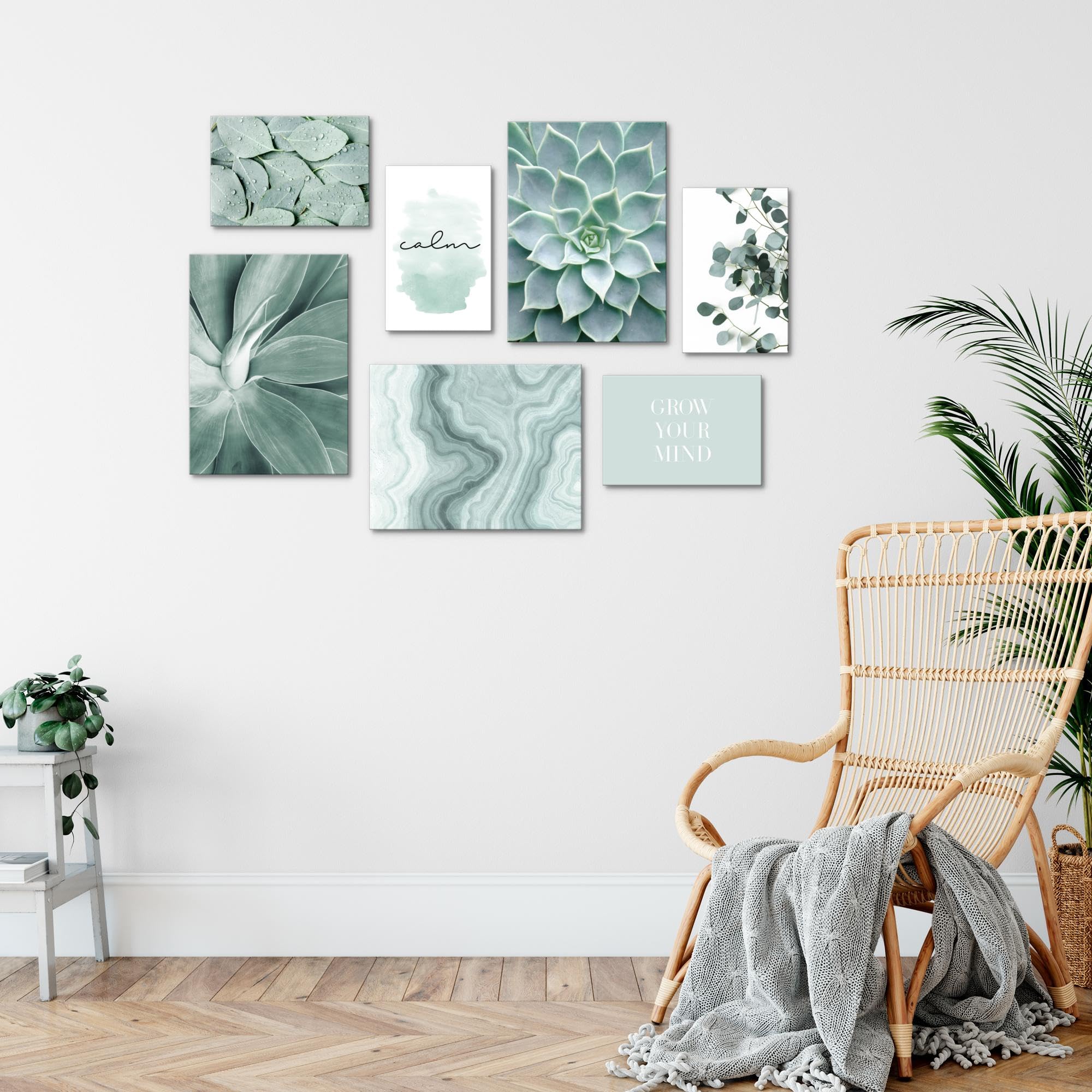 Novart Set of Canvas - COMPLETELY READY TO HANG - Pictures for Wall - Green leaves - 7 Parts - Living Room Bedroom N027471a - Image 3
