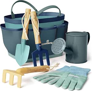 Gardening Set for Kids, STEM Gardening Tool Kit with Tote Bag, Spade, Watering Can, Rake, Fork, Trowel, and Gloves (Ocean Blue)