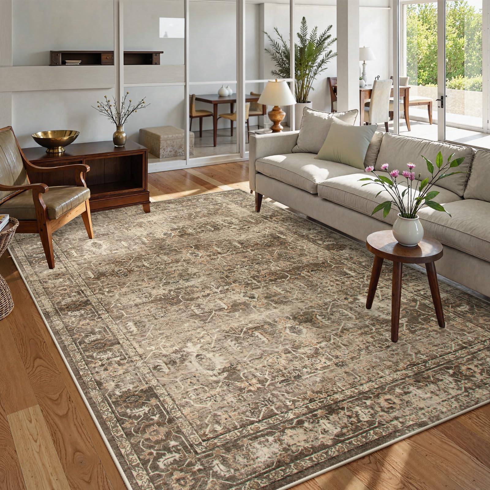 Lahome Vintage 5x7 Washable Brown Rugs for Living Room Bedroom, Soft Dining Room Rugs for Under Table, Non Slip Indoor Throw Carpet for Entryway Kitchen Office (5x7ft,Brown)