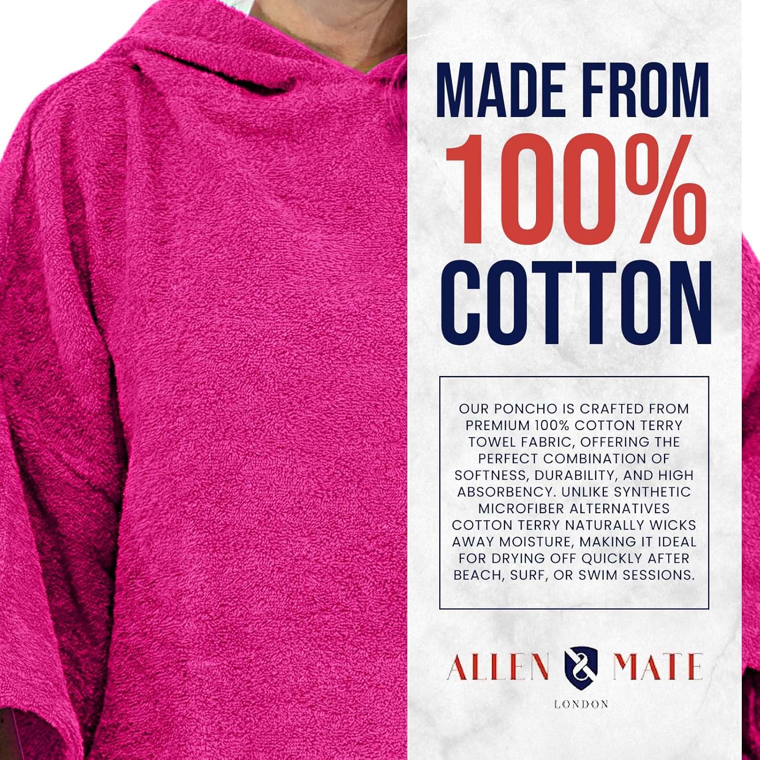 ALLEN & MATE 100% Cotton Hooded Surf Poncho Changing Robe - Quick Absorbent Changing Towel with Pocket for Surfing Men Women