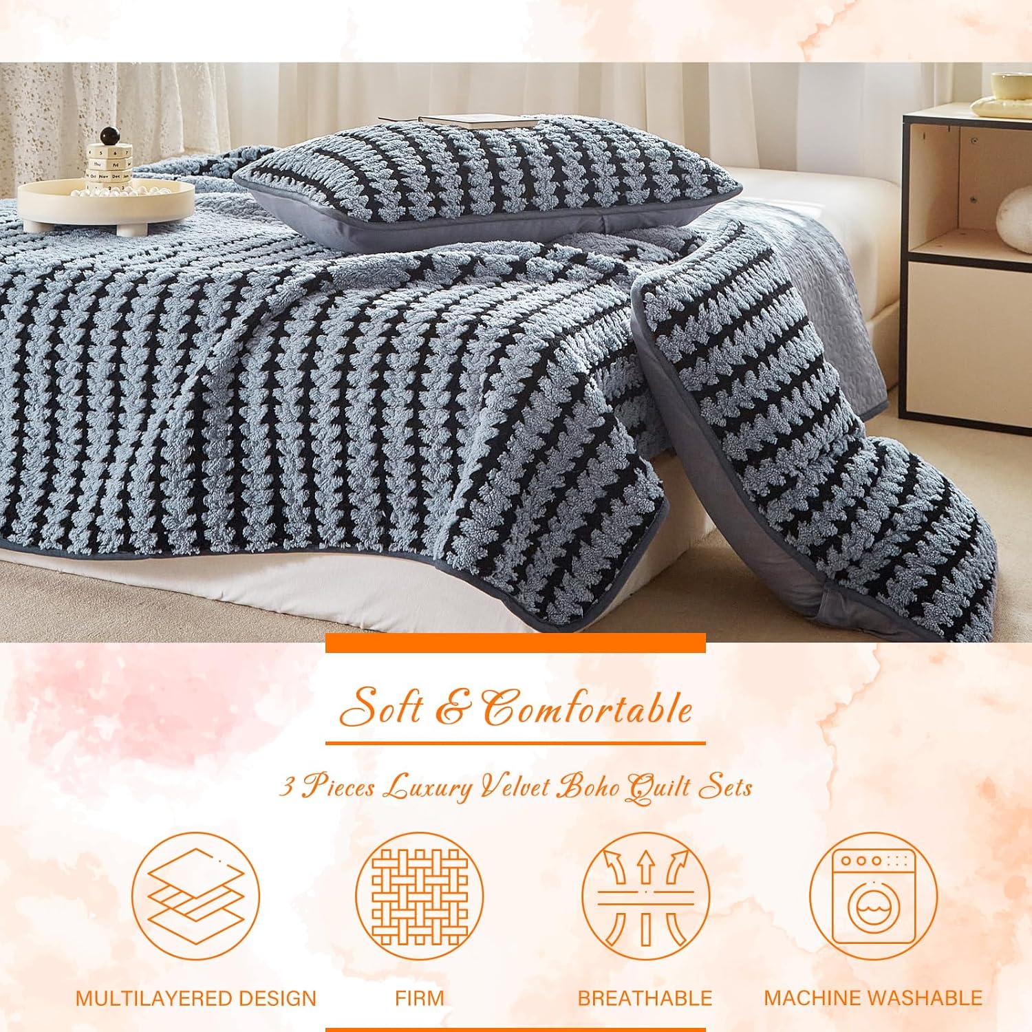 Tititada 3 Pieces Luxury Velvet Boho Quilt Sets Queen Size, Lightweight Decorative Bohemian Bedspread Set for All Season, Soft Coverlet with 2 Shams, Dusty Blue