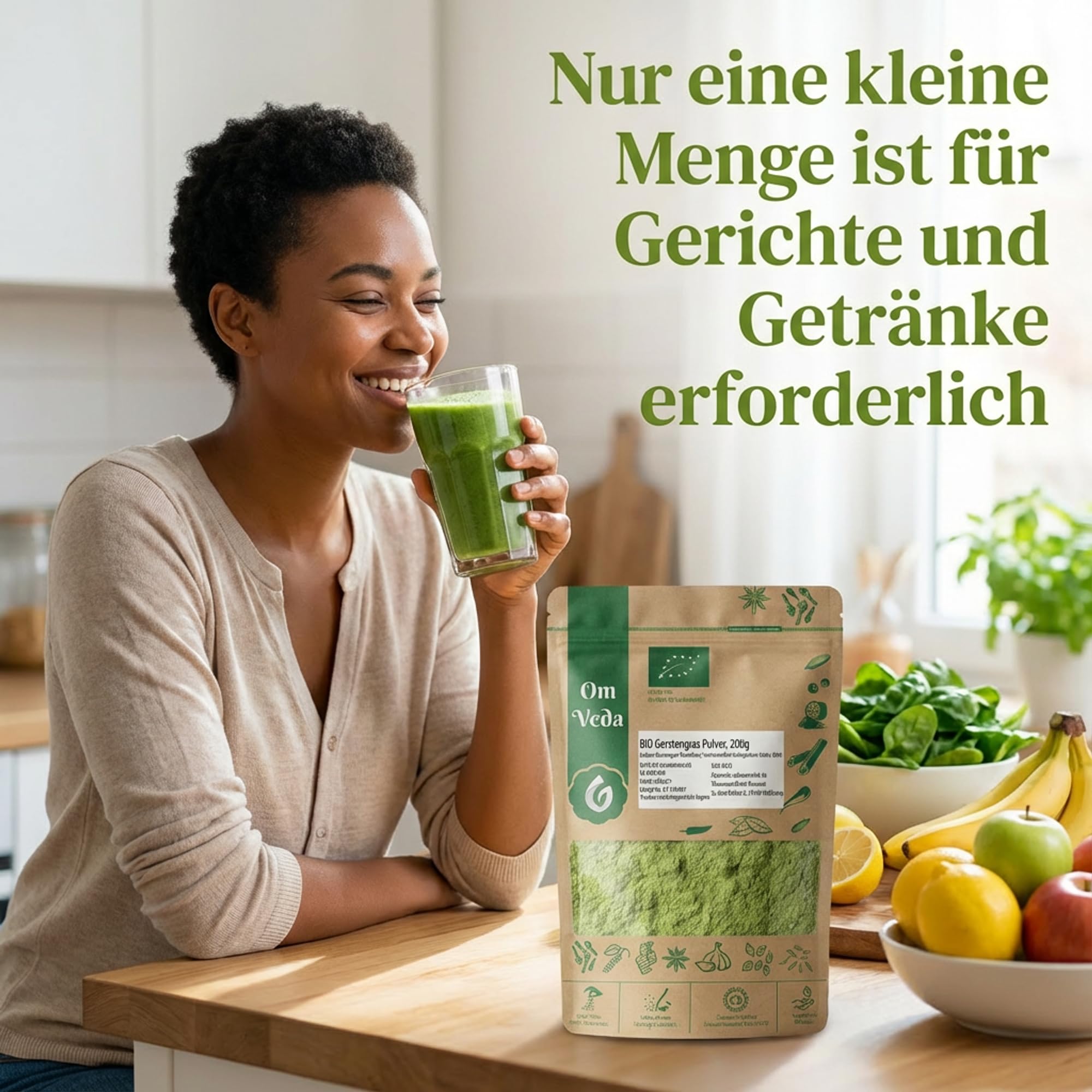 BIO Gerstengras Pulver | Rohkostqualität | 100% reines Gerstengraspulver | vegan, glutenfrei, laktosefrei | OmVeda (1000g)