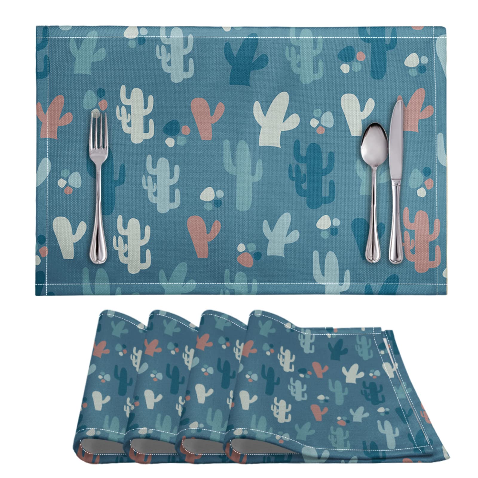 Manteles Individuales Cacto Azul Mantel Individual PVC Lavable Salvamanteles Individuales Resistente al Calor Bajoplatos Antideslizante Individuales Mesa 30x45cm 6 Pcs