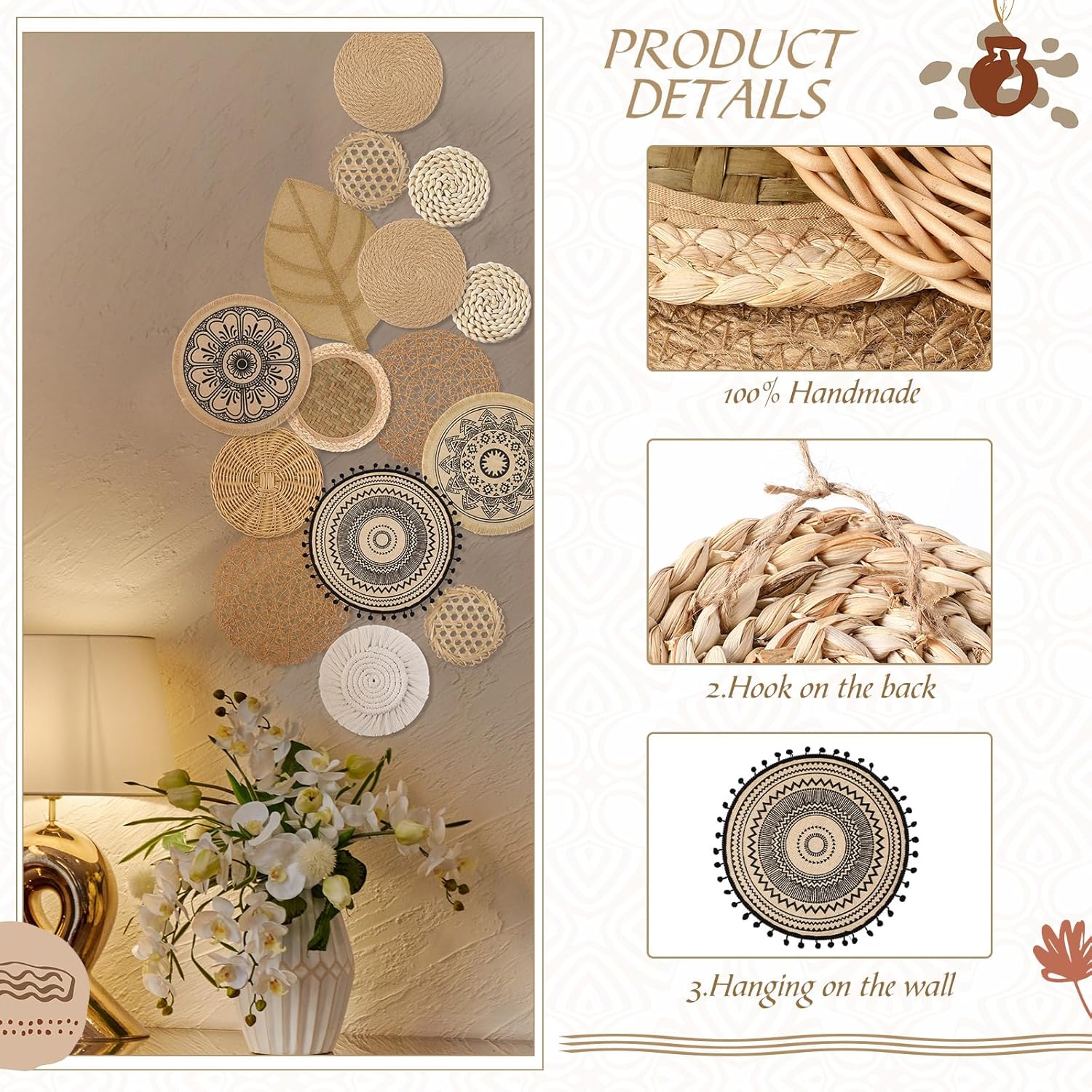 15 Pcs Boho Wall Basket Decor Brown Woven Rattan Seagrass Decor Hanging Rustic Farmhouse Western Wall Art Decoration for Nursery Living Room Bedroom Home Kitchen