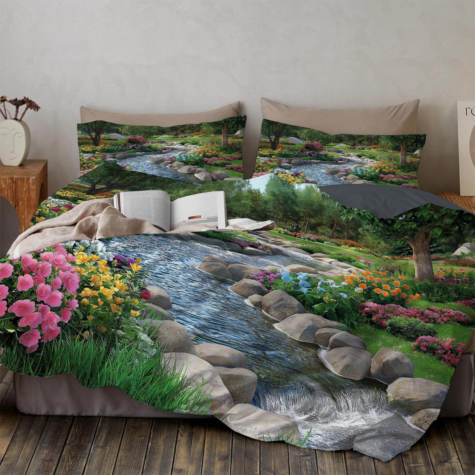 Parure de couette printemps paysage vert 200x200cm avec 2 taies d'oreiller en microfibre