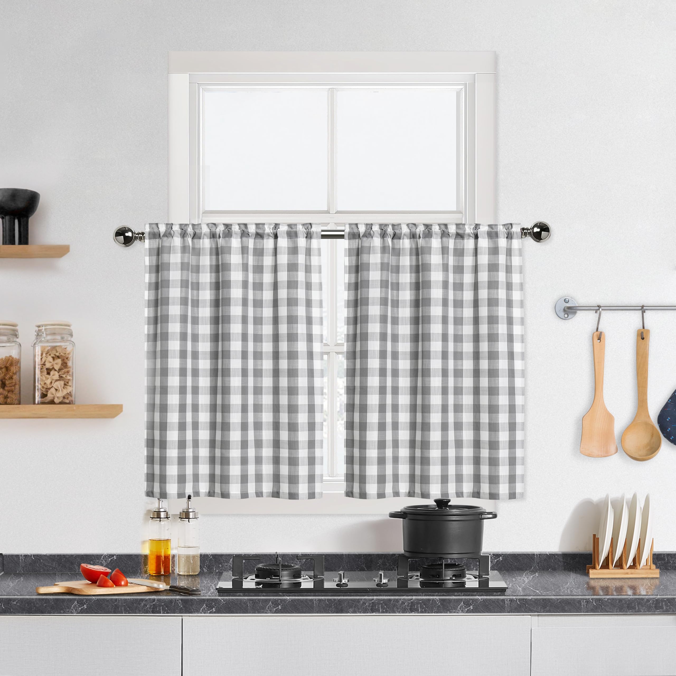 Bapawfish Grey Buffalo Check Grey Kitchen Cafe Curtains 45 Inches Length