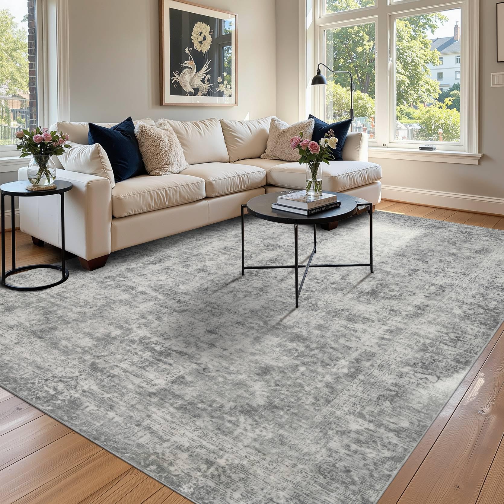 Rugxara 6x9 Area Rugs for Living Room Bedroom, Large Washable Rug, Grey Vintage Abstract Boho Rug, Non Slip & Low Pile Faux Wool Carpet for Indoor