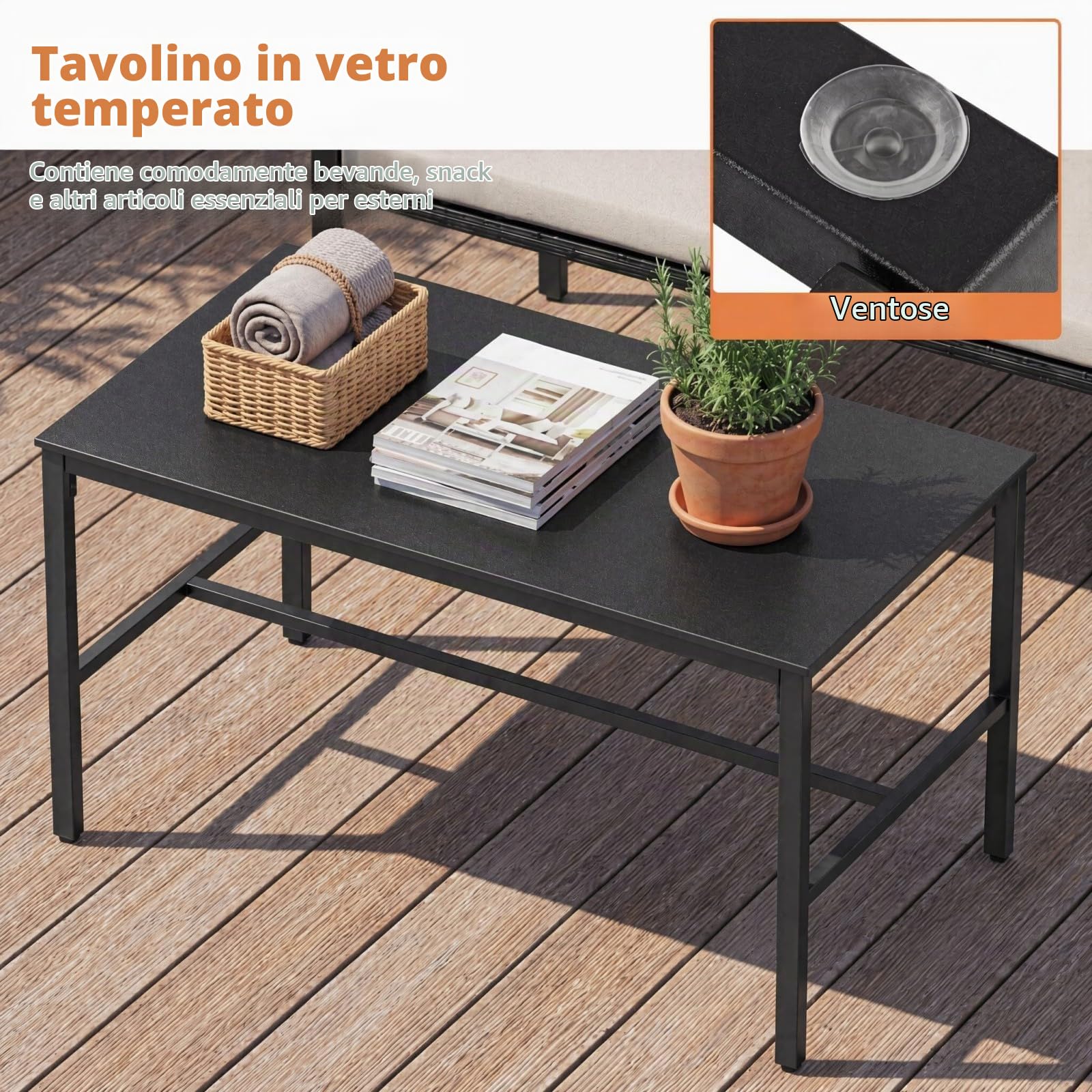 GIANTEX Set di Mobili da Giardino in Rattan per 4 Persone, Composto da 2 Poltrone e Tavolo in Vetro Temperato, Mobili Multiuso per Balcone, Terrazza e Veranda