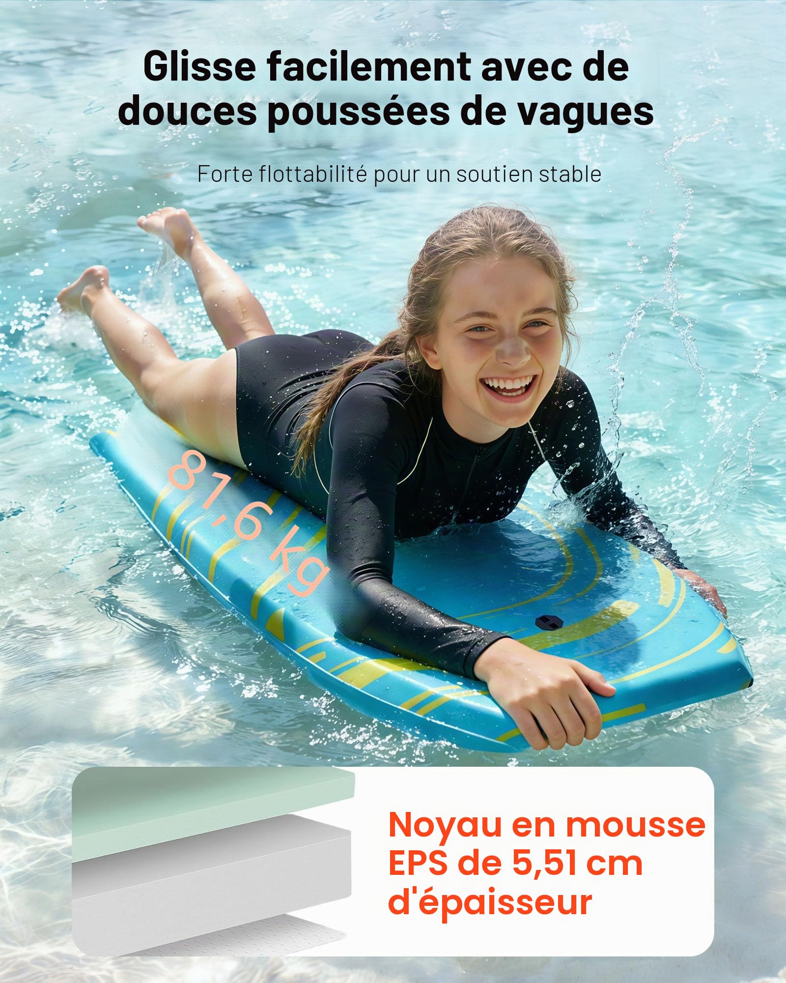 VEVOR Planche de Bodyboard 105,5 cm, Bodyboard de Plage avec Noyau en Mousse EPS et Leash de Poignet, Matériel de Surf Sport Nautique pour Débutants et Jeunes jusqu'à 81,7 kg, Planche de Boogie Bleue