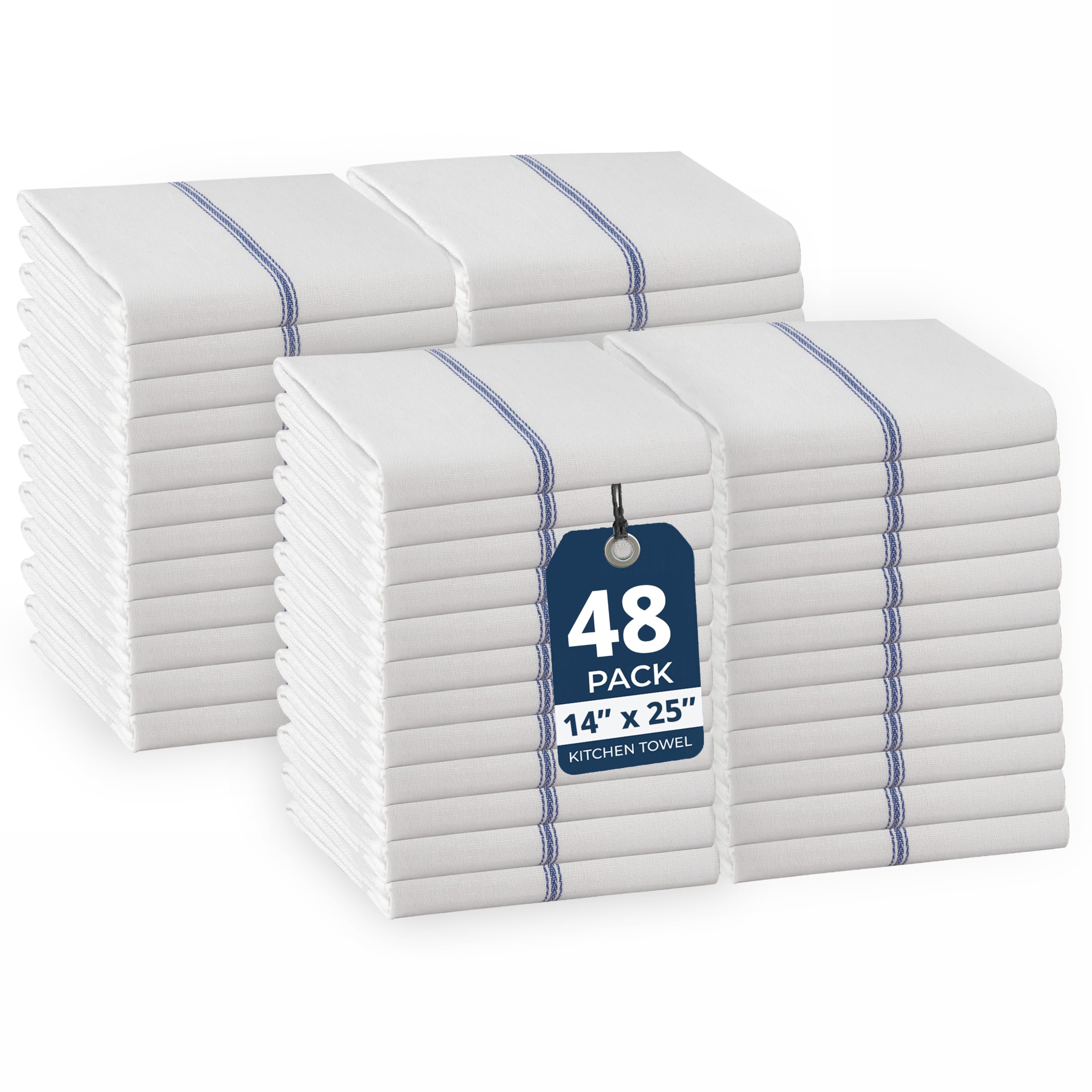 LANE LINEN Juego de toallas de cocina a granel, 100 % algodón puro, toalla de mano superabsorbente, paños de cocina azules, paños de cocina suaves y duraderos, paquete de 48, 15 x 25 pulgadas, rayas