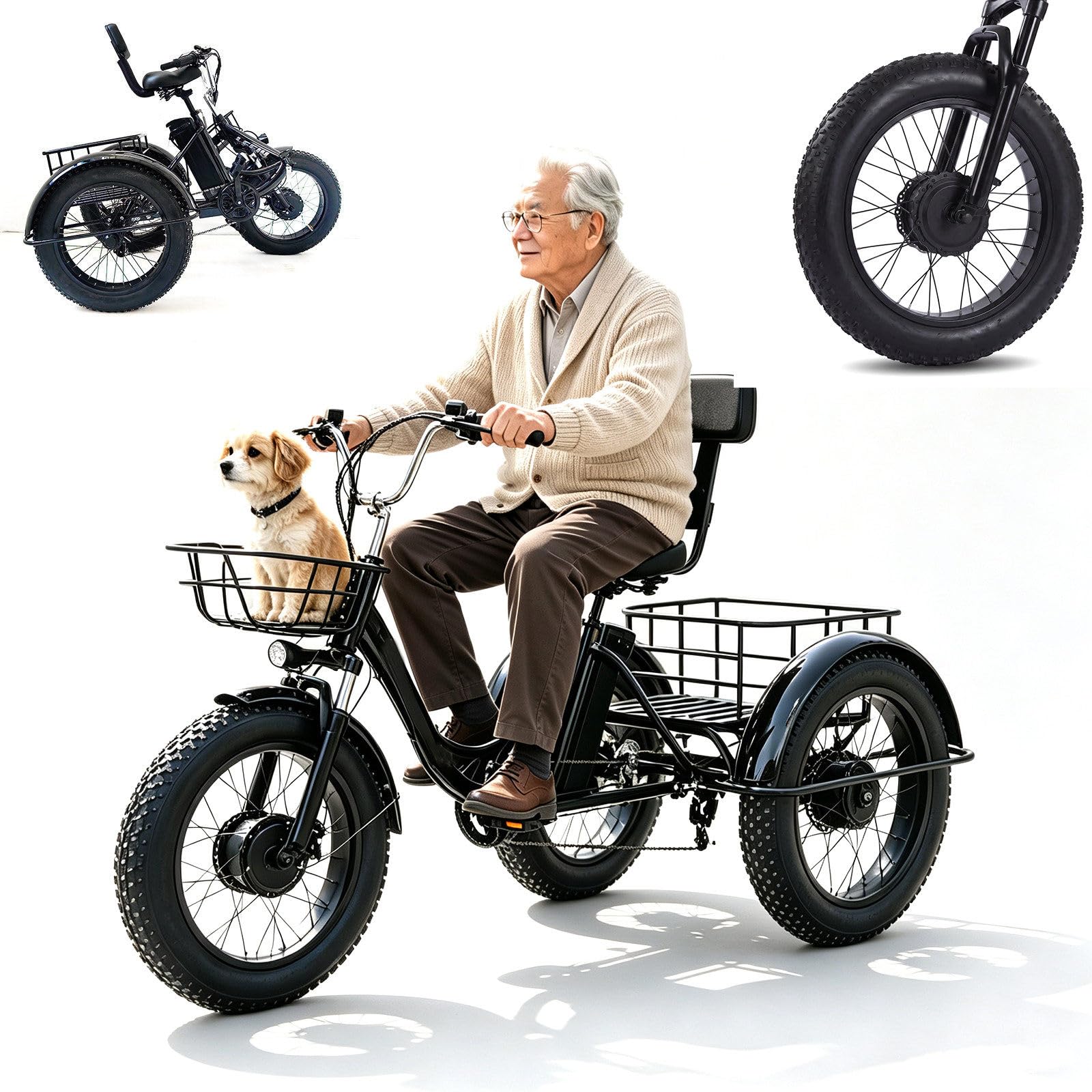 Bici Elettrica da Carico con Pneumatici Larghi da 20'' 150 kg Altezza Regolabile con Carrello della Spesa con Cestino per Anziani, Esercizio, Shopping, Corse comode