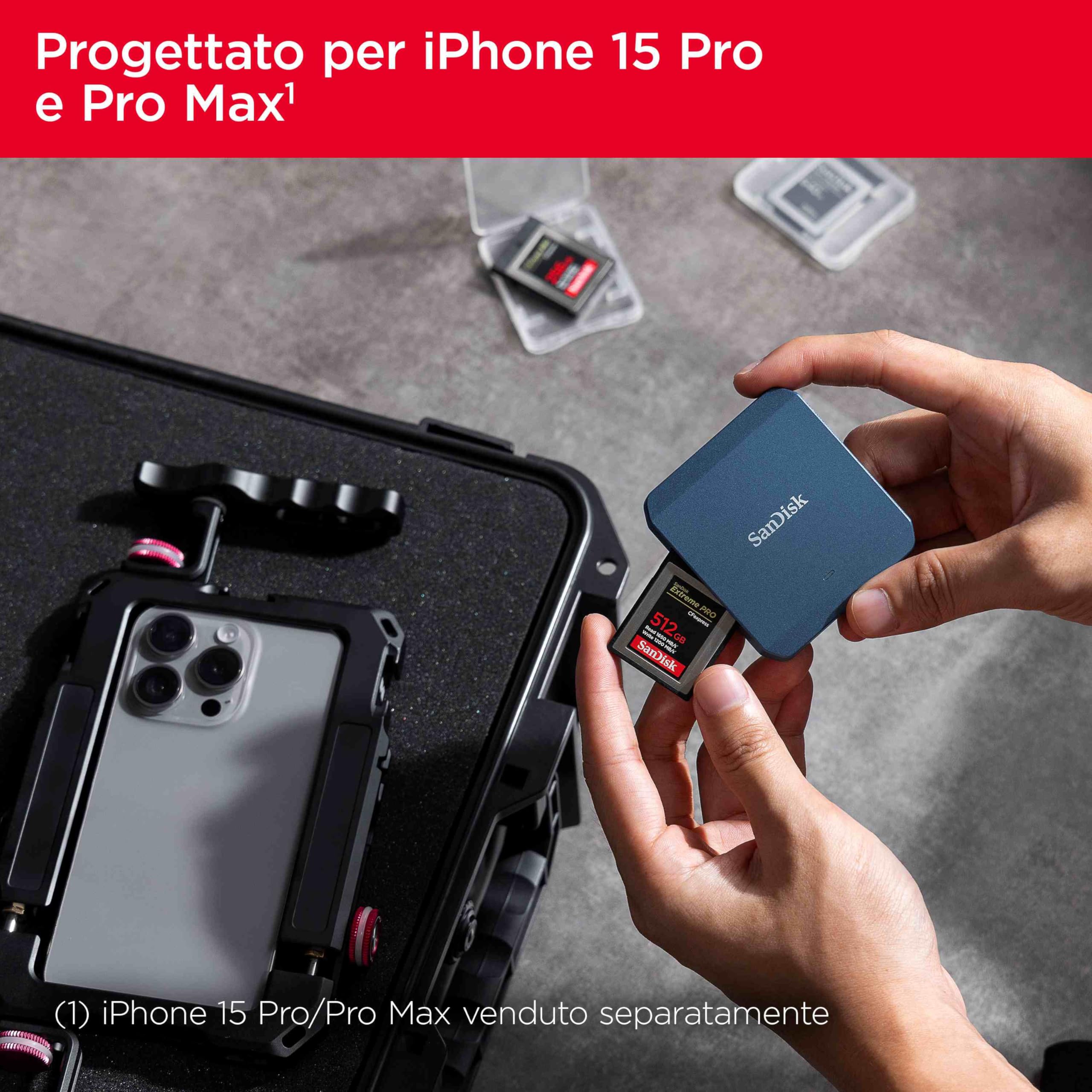 SANDISK PRO-CINEMA CFexpress Registratore Type B compatibile con MagSafe per iPhone 15 Pro-Pro Max, USB-C, 4K ProRes