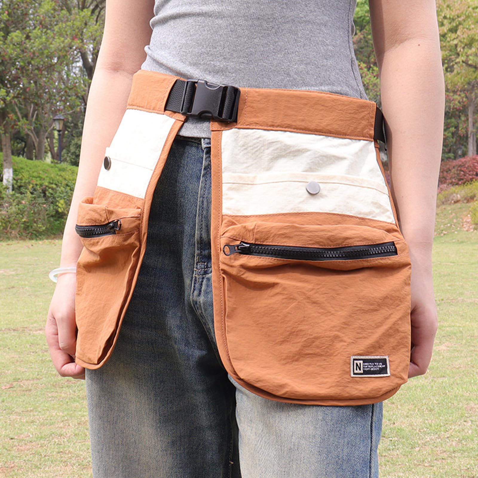 Generous Adventure Riñonera con cierre de cremallera y diseño ergonómico, bolsas deportivas para senderismo, ciclismo y entrenamiento, bolsa impermeable, Blanco y marrón, Mass Beauty