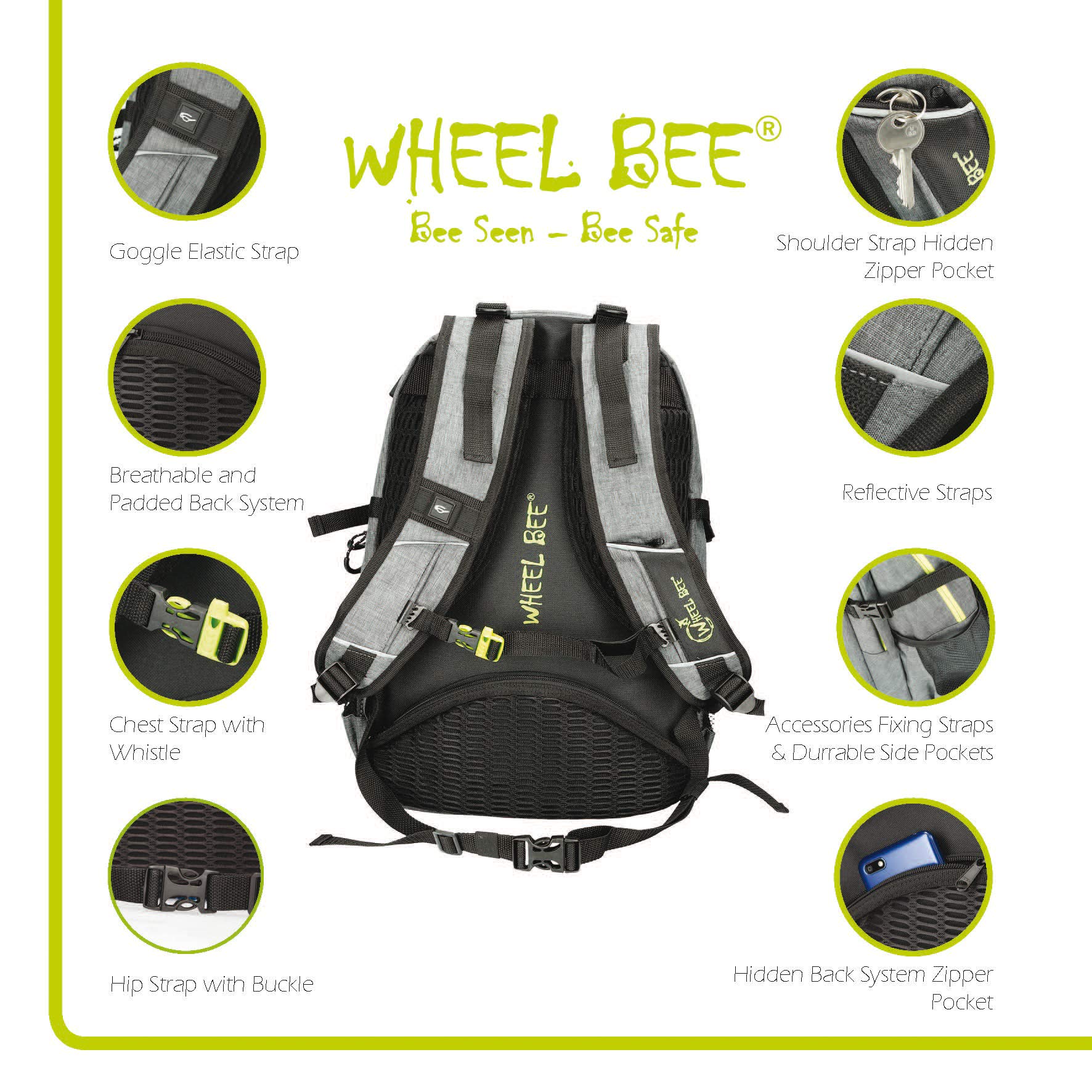 Wheel-Bee Rucksack Revolution, mit integriertem LED Licht (grün) und Reflektorstreifen für Sicherheit und Sichtbarkeit, 30 Liter Volumen, viele Fächer