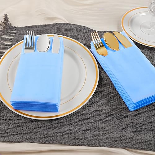 Miniatura 5 de Servilletas desechables de color azul oscuro, paquete de 50 servilletas de papel de tacto de lino con bolsillo integrado para cubiertos, tela