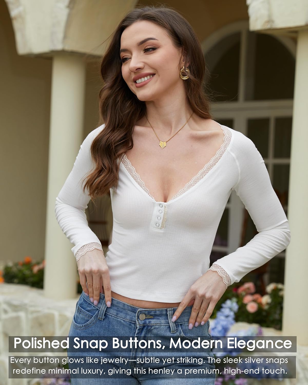 Long Sleeve Shirts for Women Going Out Tops Micro Ribbed Henley Neck Cropped Tops Lace Trim Fitted Casual Cute Y2K - Image 8