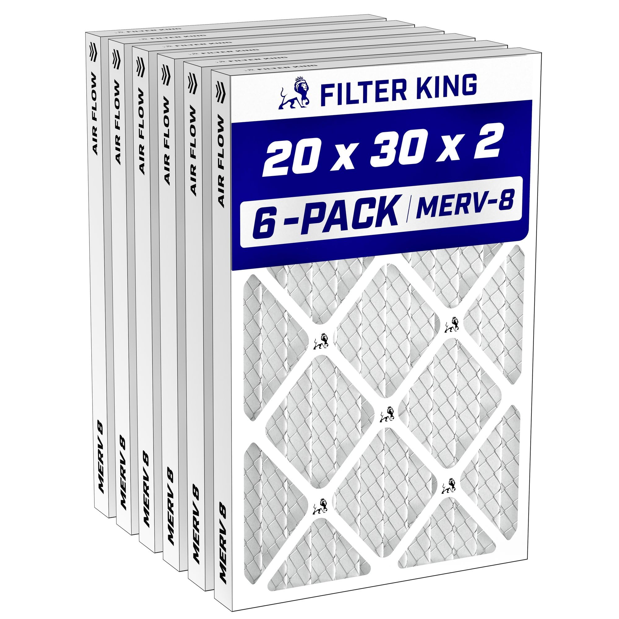 Filter King 20x30x2 Air Filter MERV 8, AC Furnace Filters (6-Pack) | Dust & Allergy Control (Actual Size: 19.5 x 29.5 x 1.75)