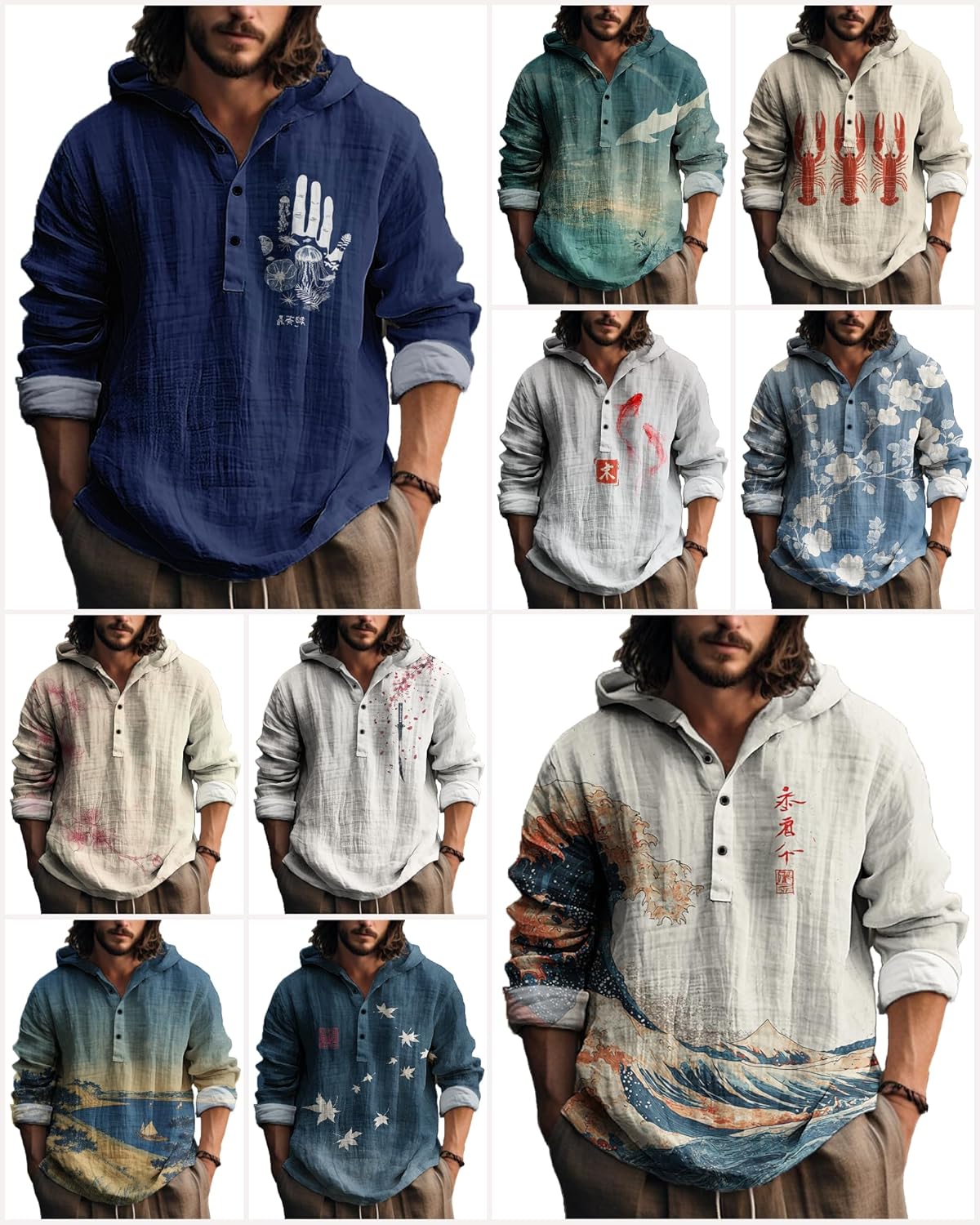 MARSVOVO Mens Hooded Shirt Vintage Retro 3 Button Long Sleeve Light Hoodie Fashion Casual Daily Tops for Spring Fall - Image 5