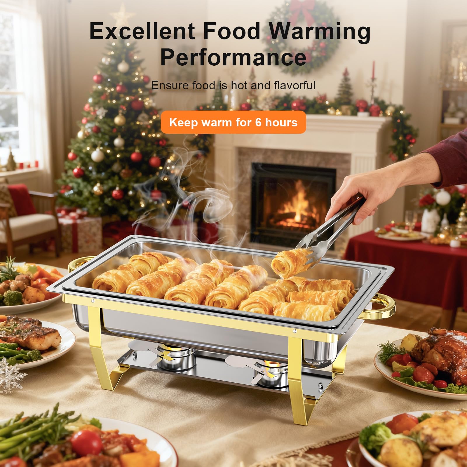 Juego de 2 platos de frotamiento para buffet, juego de platos de alta calidad, calentadores de alimentos [instalación sin tornillos] con diseño apilable para bufés de bodas, hogar, Navidad, 2 sartenes