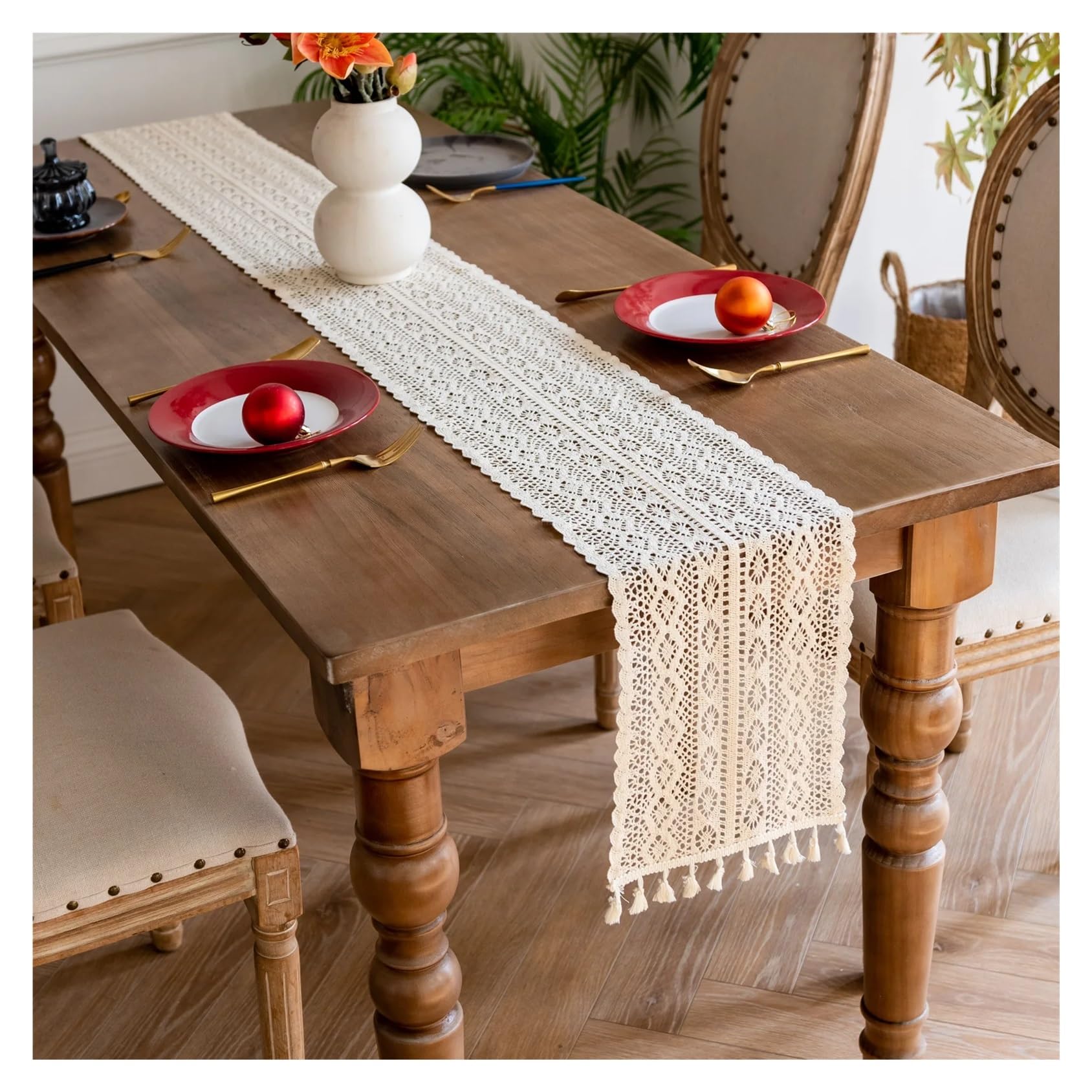 Runner Da Tavola Runner Da Tavolo In Cotone E Pizzo All'uncinetto Con Nappe, Decorazione For La Tavola Di Nozze For Casa(Beige,24X300cm)